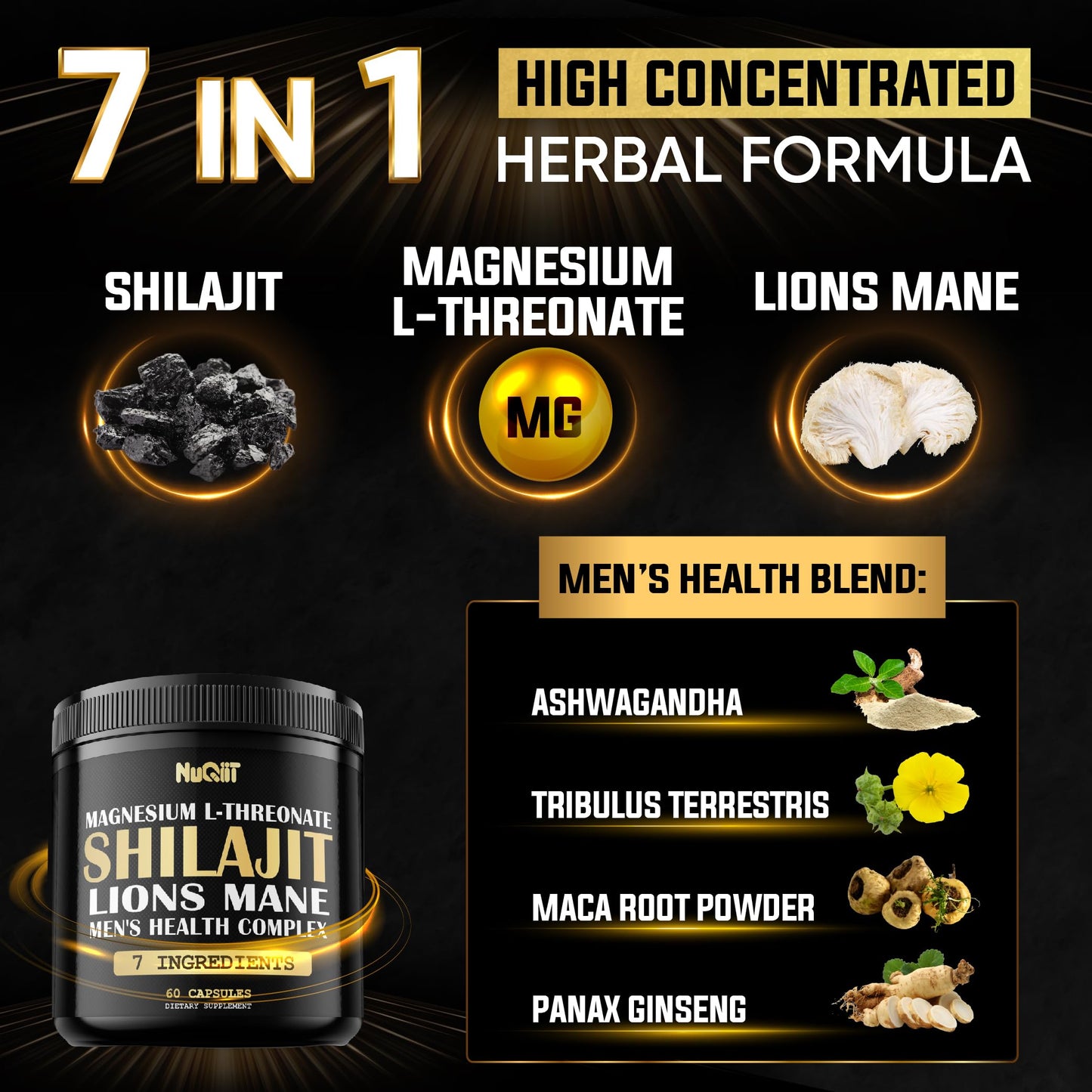 NUQIIT Shilajit Pure Himalayan Organic with Magnesium, Lions Mane, and Men Health Complex as Ashwagandha, Maca Root & More Capsules, 60 Count