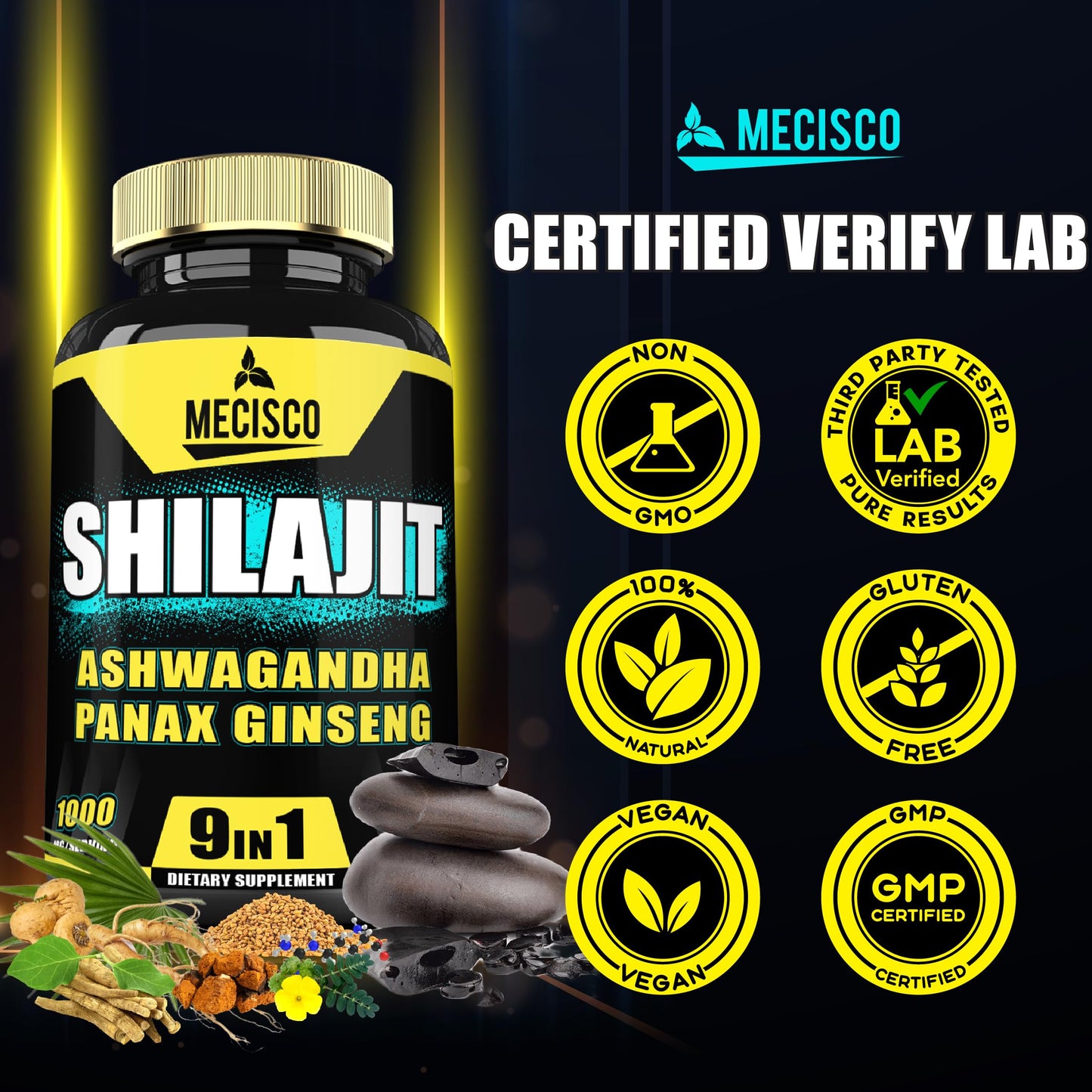 Mecisco 9in1 Shilajit Pure Himalayan Organic with Ashwagandha Root, Panax Ginseng, L-Arginine, Chaga & More, 210 Capsules