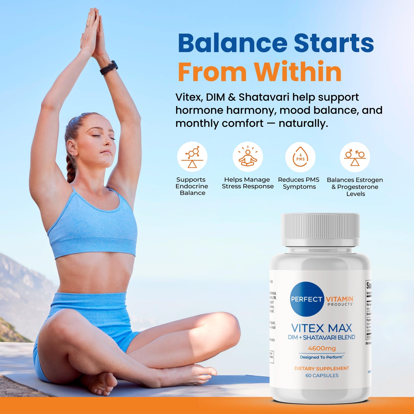 Perfect Vitamin Products Vitex Max DIM + Shatavari – Hormone Balance & Menopause Support for Women – Vegan Blend with Adaptogens for Mood, Cycle & Stress Relief, 4600mg, 60 Capsules