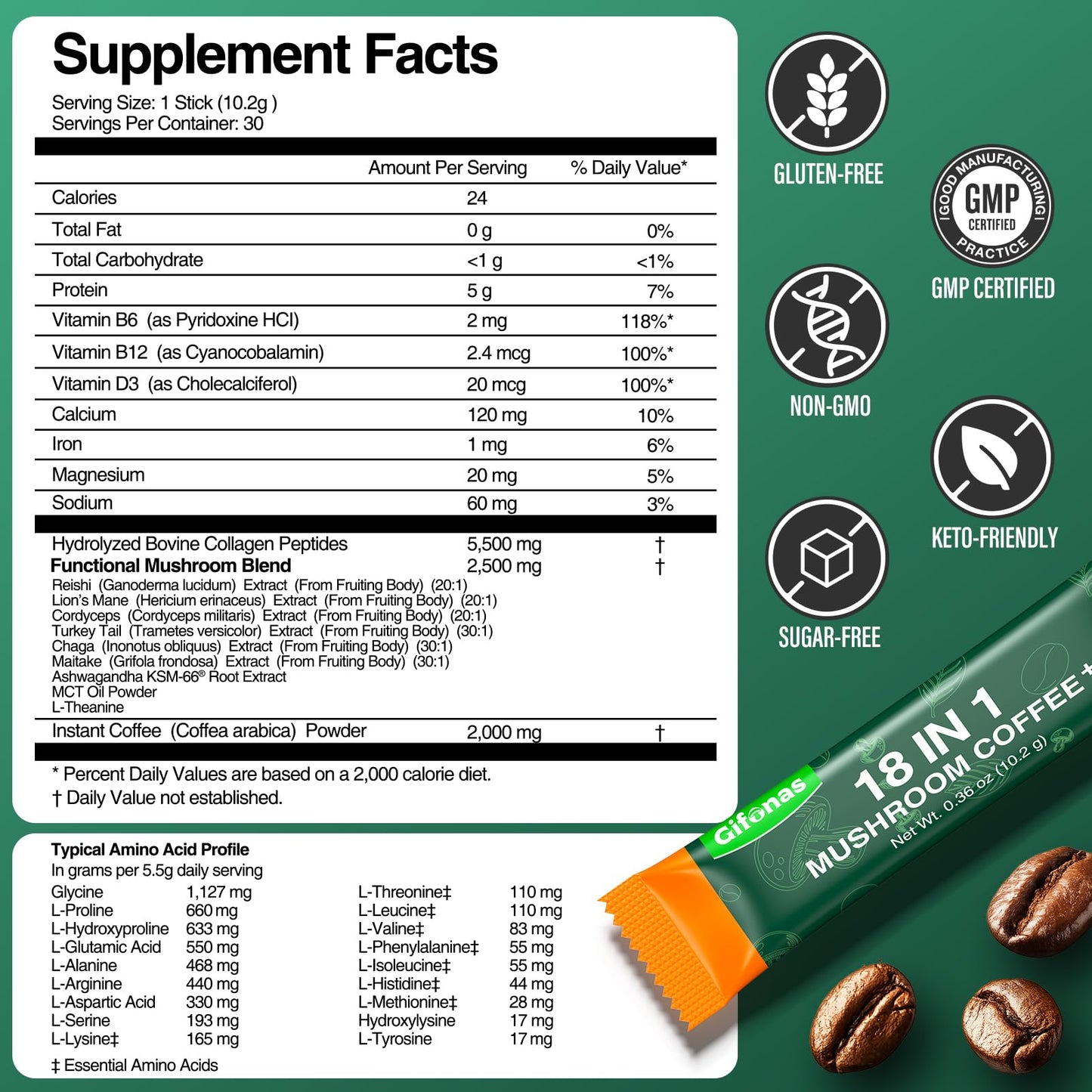 gifonas Mushroom Coffee with 5500mg Collagen Peptides, 6 Adaptogenic Mushrooms, L-Theanine, MCT Oil, Vitamins & Minerals Powder 10.79 Ounce