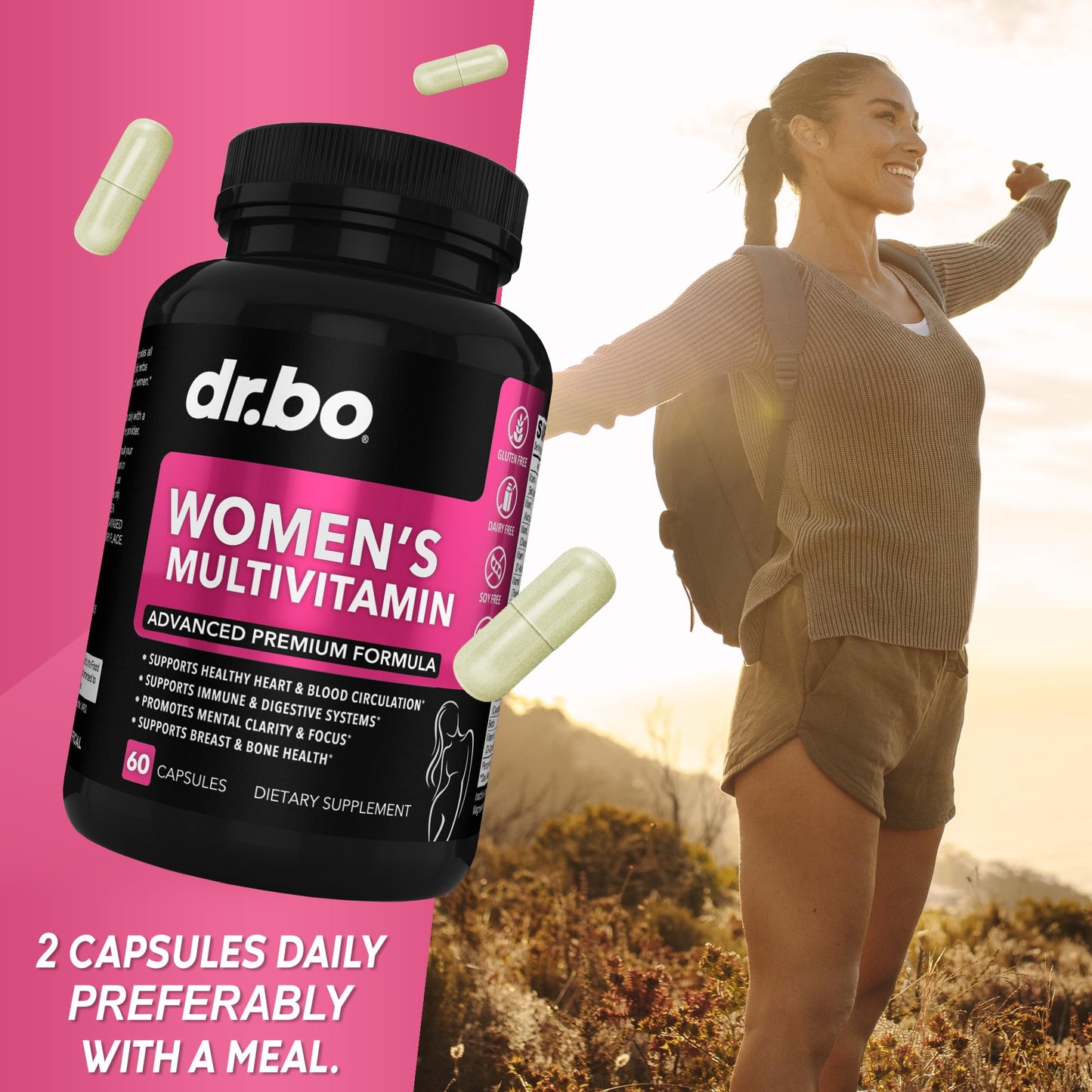 DR. BO Womens Multivitamin, Natural Daily Multivitamins for Women, Magnesium Plus Zinc, Multimineral Health Supplement, 60 Capsules