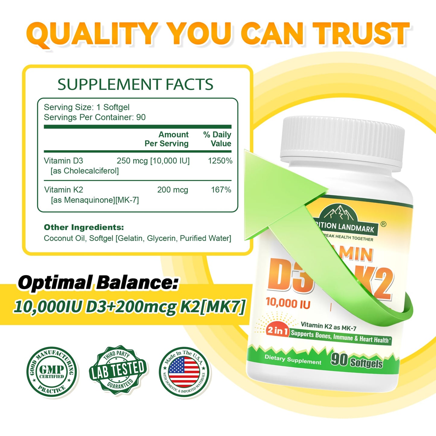 Nutriselect Vitamin D3 10,000IU + K2 (MK7) 200mcg with Extra Virgin Coconut Oil Softgels, 90 Softgels