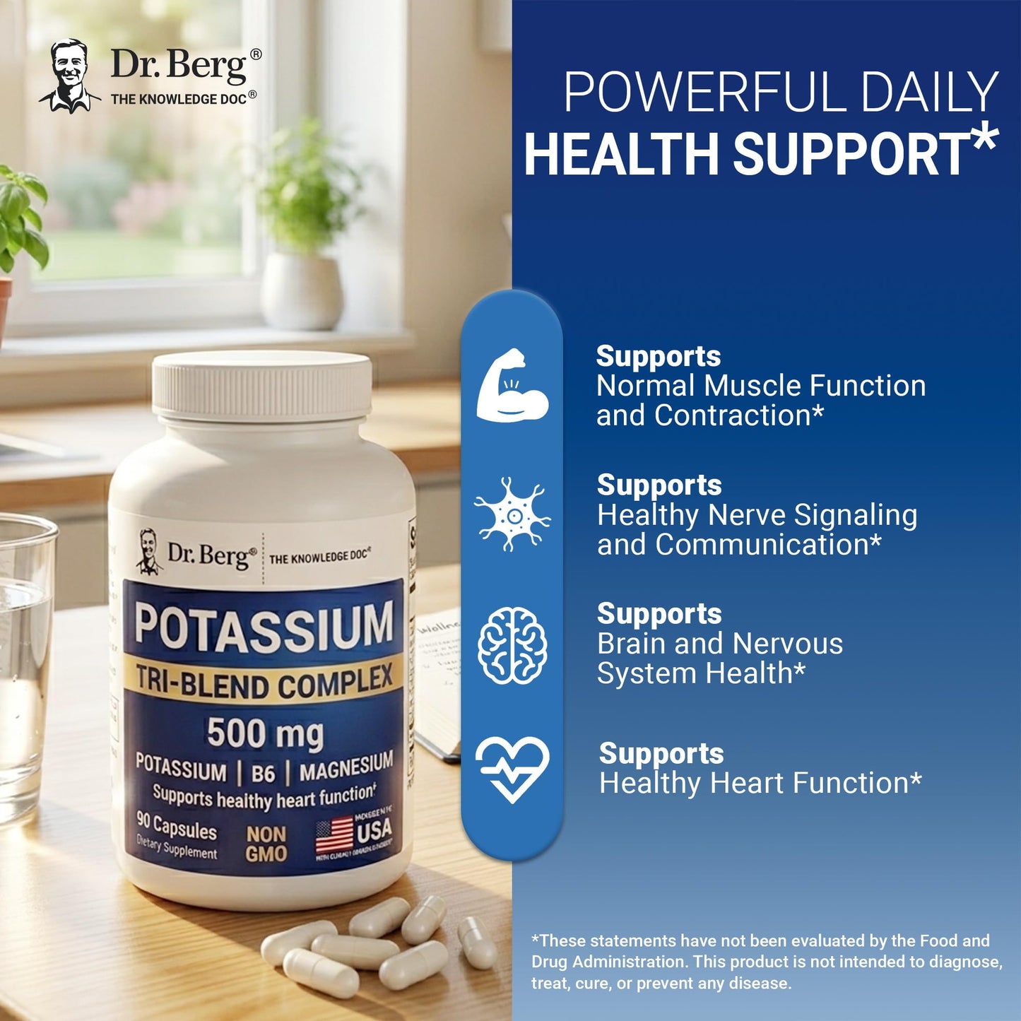 Dr. Berg Nutritionals Potassium Tri-Blend Complex 500 mg Potassium Supplement Capsules, 90 Count