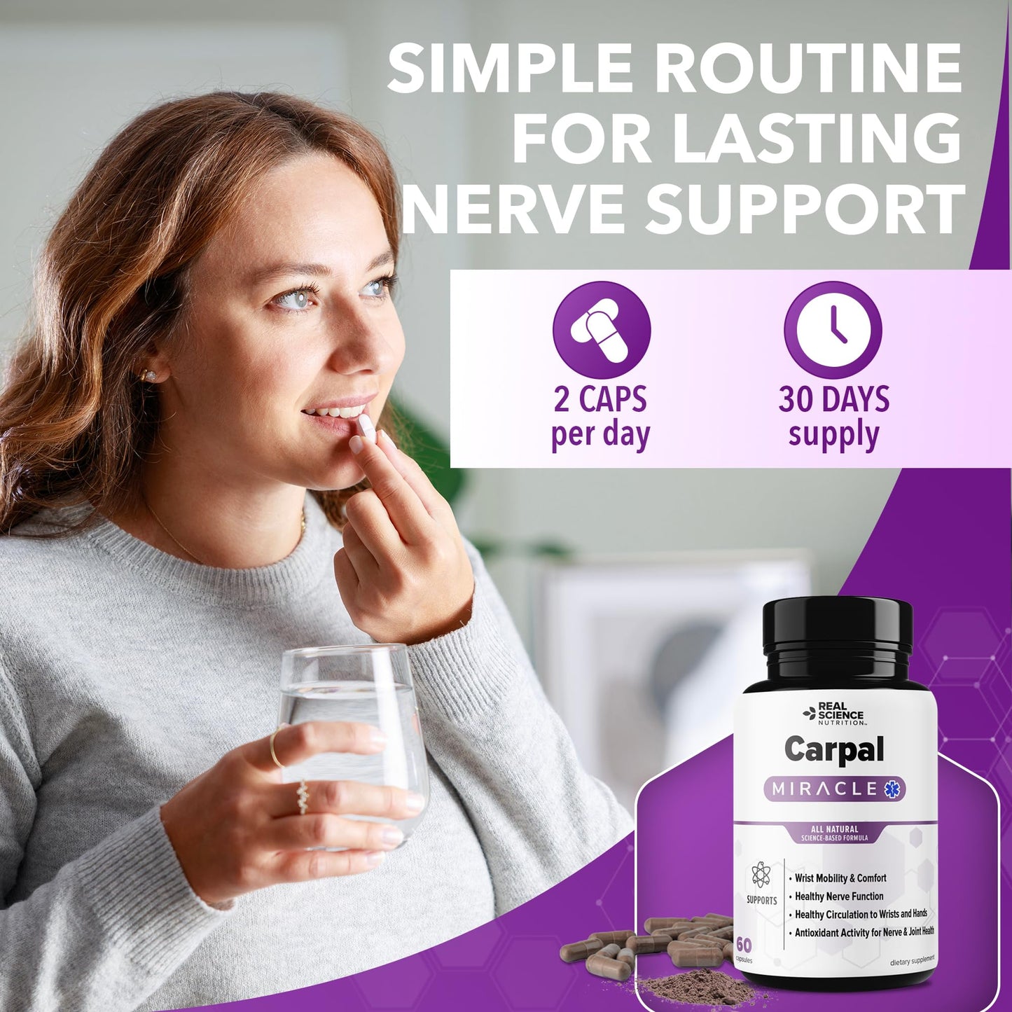 Real Science Nutrition Carpal Miracle – All Natural Carpal Tunnel Relief & Wrist Support Supplement with Vitamins B6, B12, C, D, K + GABA Capsule 60