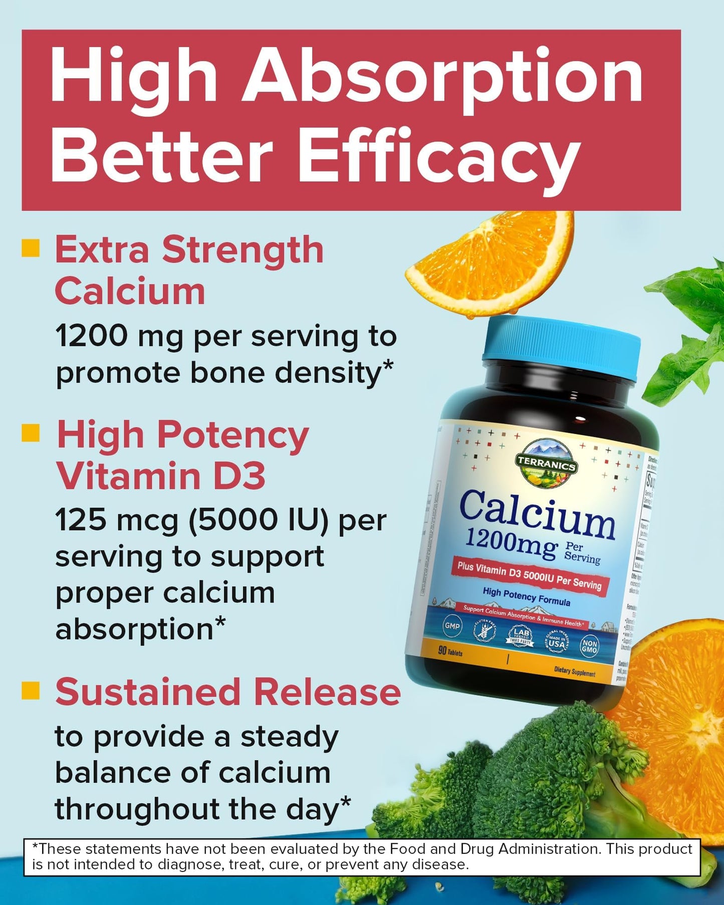 Terranics Calcium 1200 mg with Vitamin D3 High Absorption Calcium Supplement Tablets, 90 Count