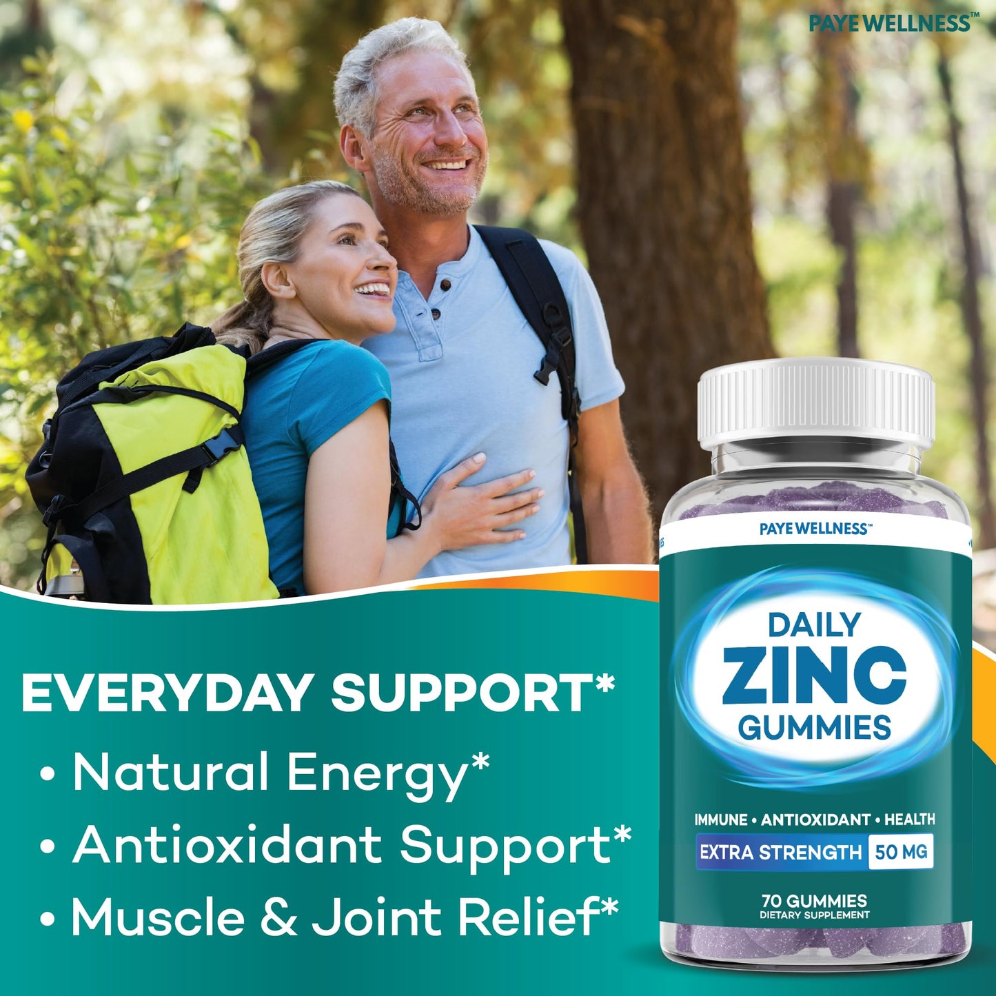 PAYÉ Zinc Gummies 50 mg, Daily Support, Immune System*, Enzyme Functions*, Natural Energy*, 70 Gummies