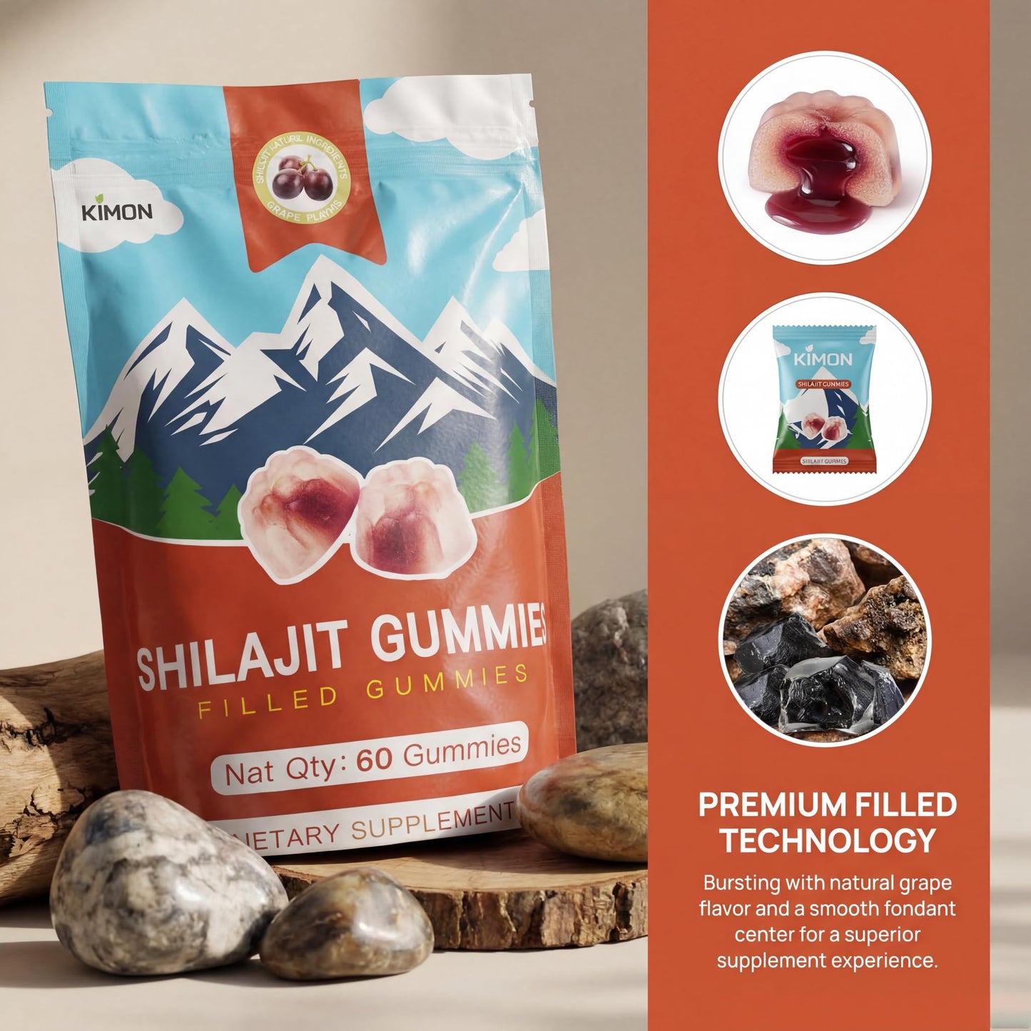 KIMON Himalayan Shilajit Gummies for Men & Women - 60 Gummies