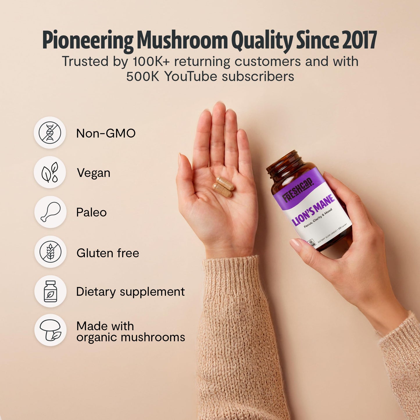 FreshCap Mushrooms Premium Organic Lions Mane Capsules 14:1 Fruiting Body Extract with 31% Beta-Glucans, 120 Capsules