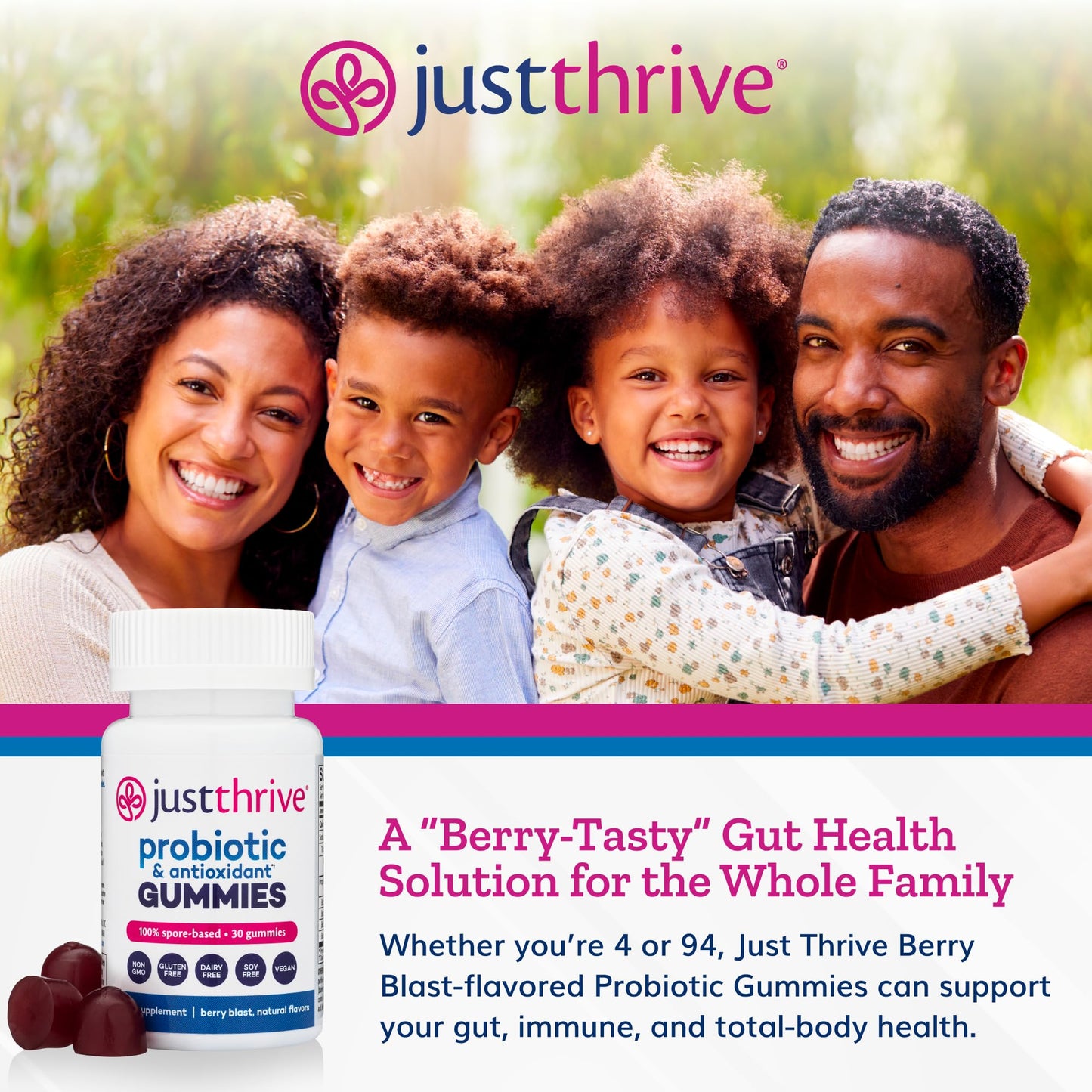 Just Thrive Probiotic Gummies for Kids & Adults Digestive & Immune Support, 30 Gummies