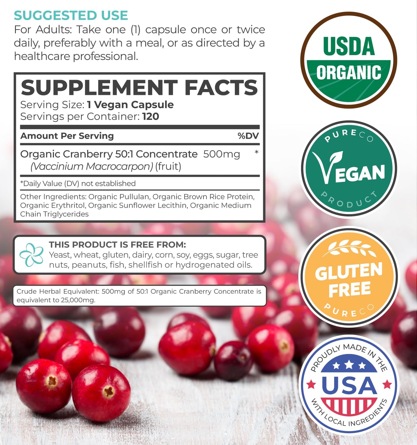 PURE CO Organic Cranberry Pills 120 Capsules