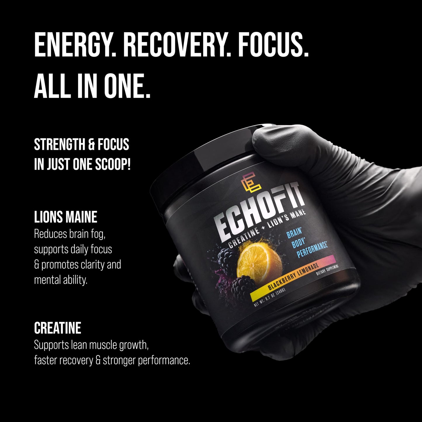 ECHOFIT Creatine Monohydrate + Lion's Mane Supplement Powder, 9.2 Ounce