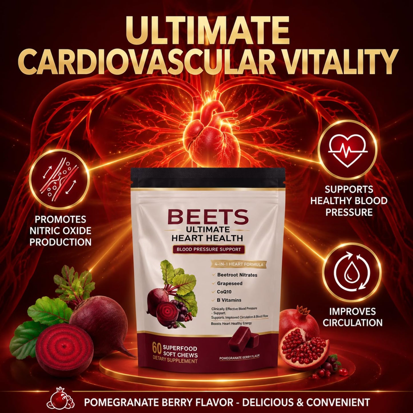 EOQIFJM Beet Chews 4-in-1 Chewable 60 Count