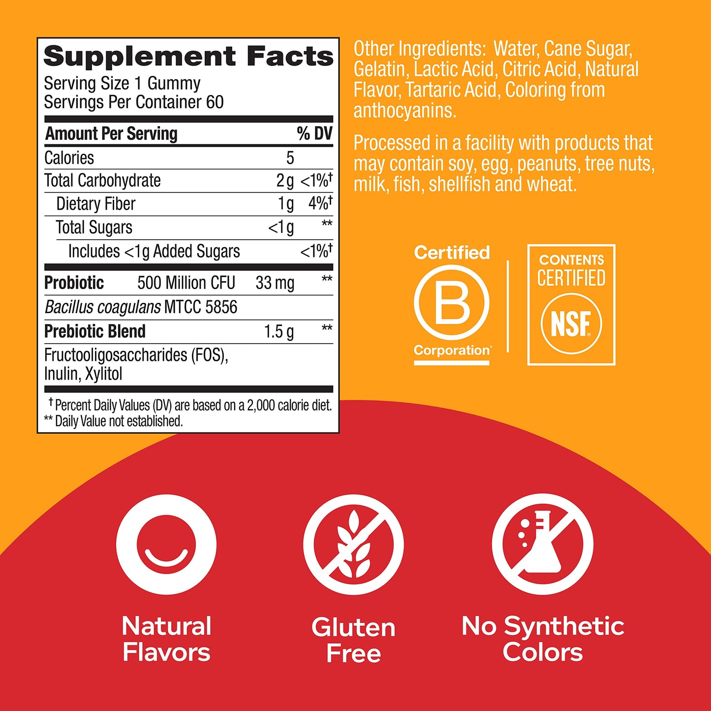 OLLY Probiotic + Prebiotic Gummy Chewable, Digestive Support and Gut Health, 500 Million CFUs, Fiber, 60 Count