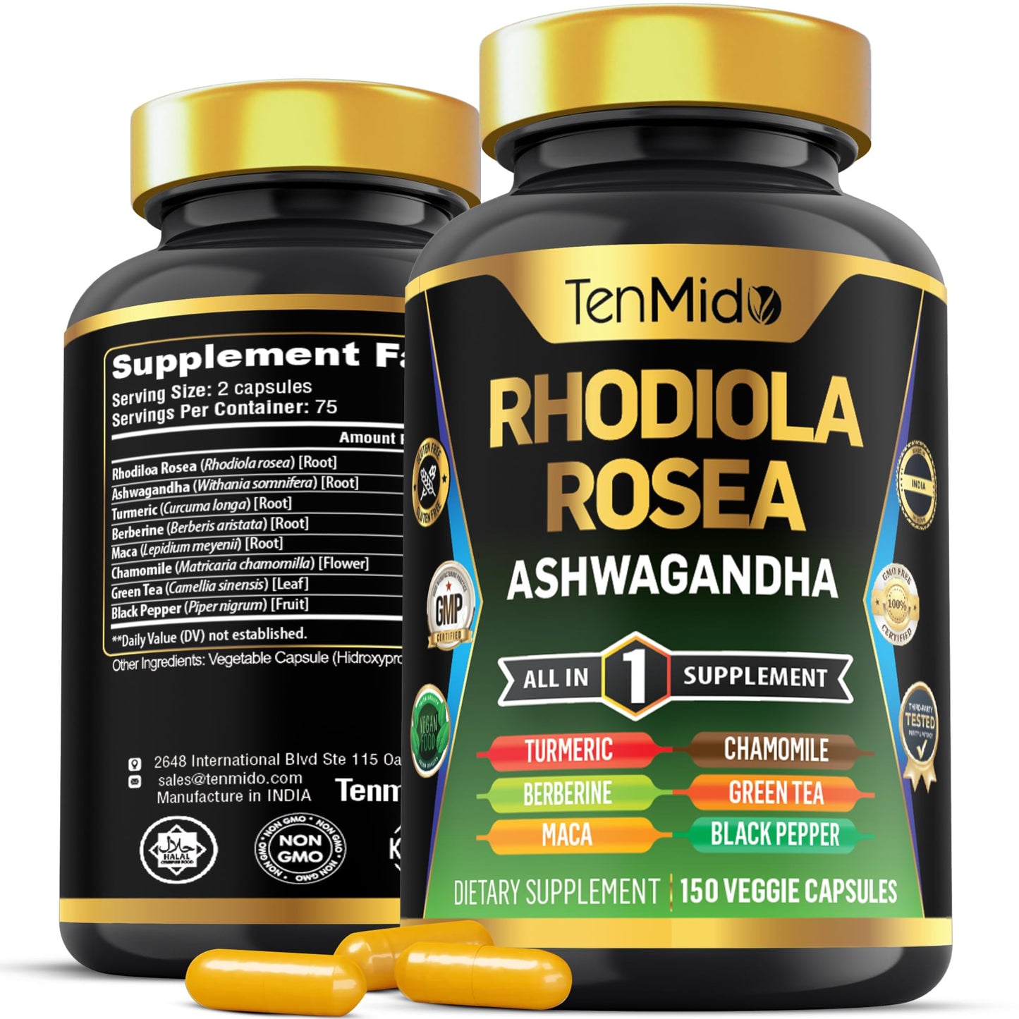 Tenmido Rhodiola Rosea Supplement Capsules, 150 Vegan Capsules