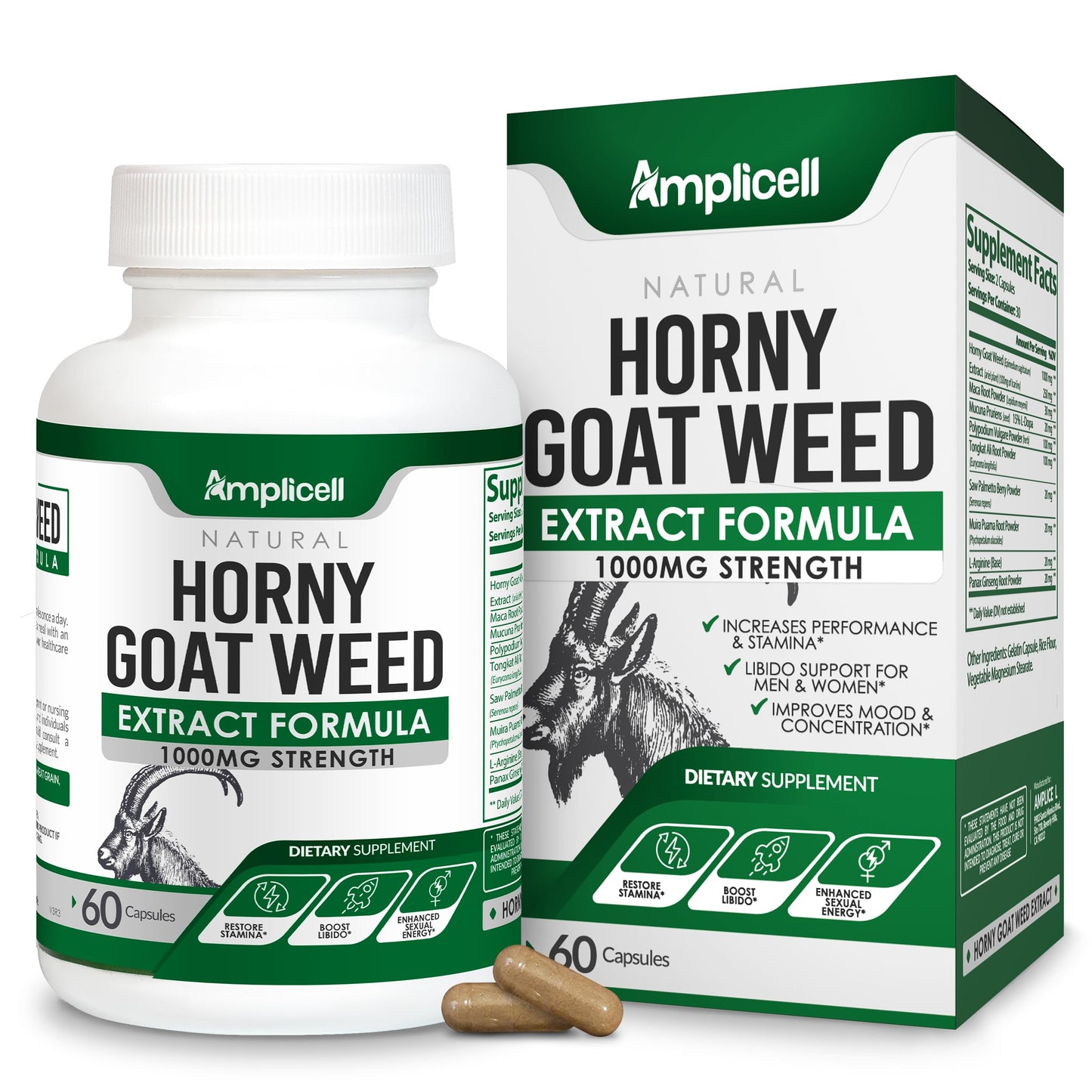 Amplicell Horny Goat Weed Complex Supplement with Maca Root, Tongkat Ali, L-Arginine & Panax Ginseng Capsules, 60 Count
