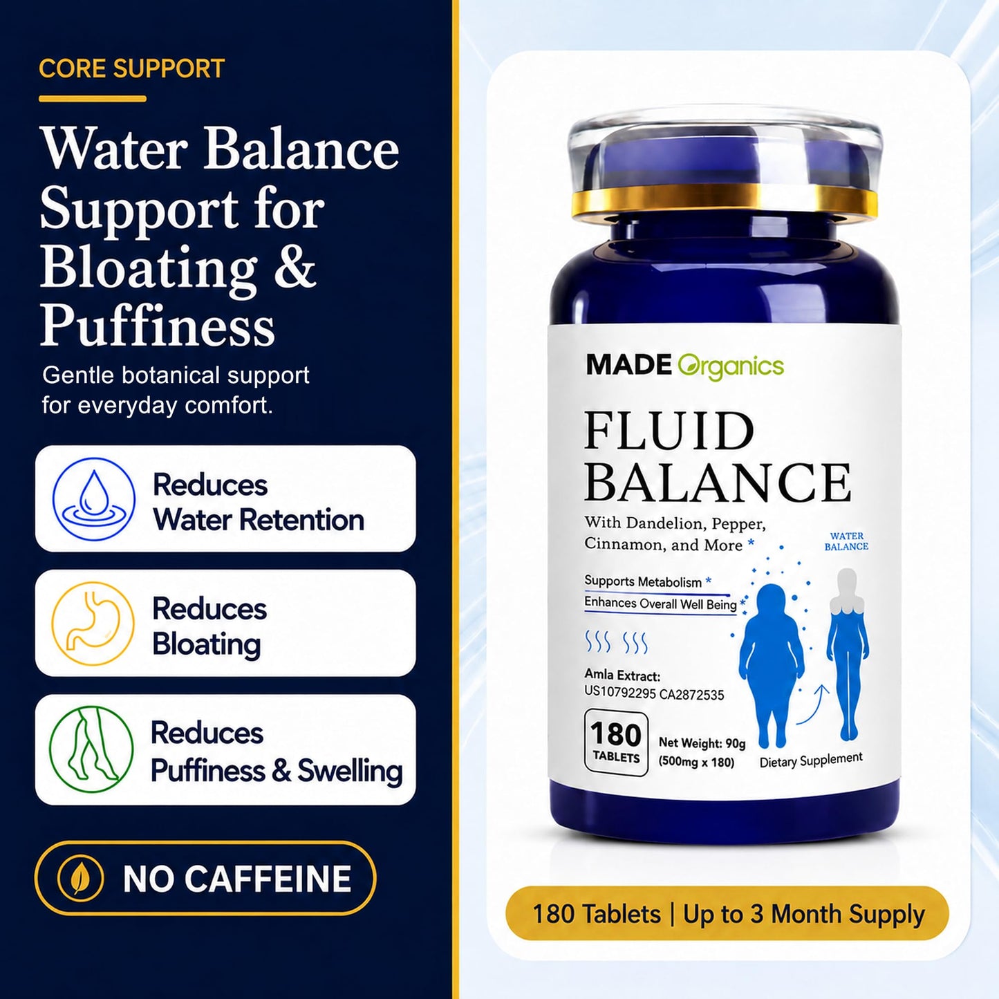 MADE Organics Fluid Balance Natural Water Retention Supplement Herbal Diuretic with Dandelion for Bloating Relief Swollen Legs and Feet Weight Management 180 Tablets