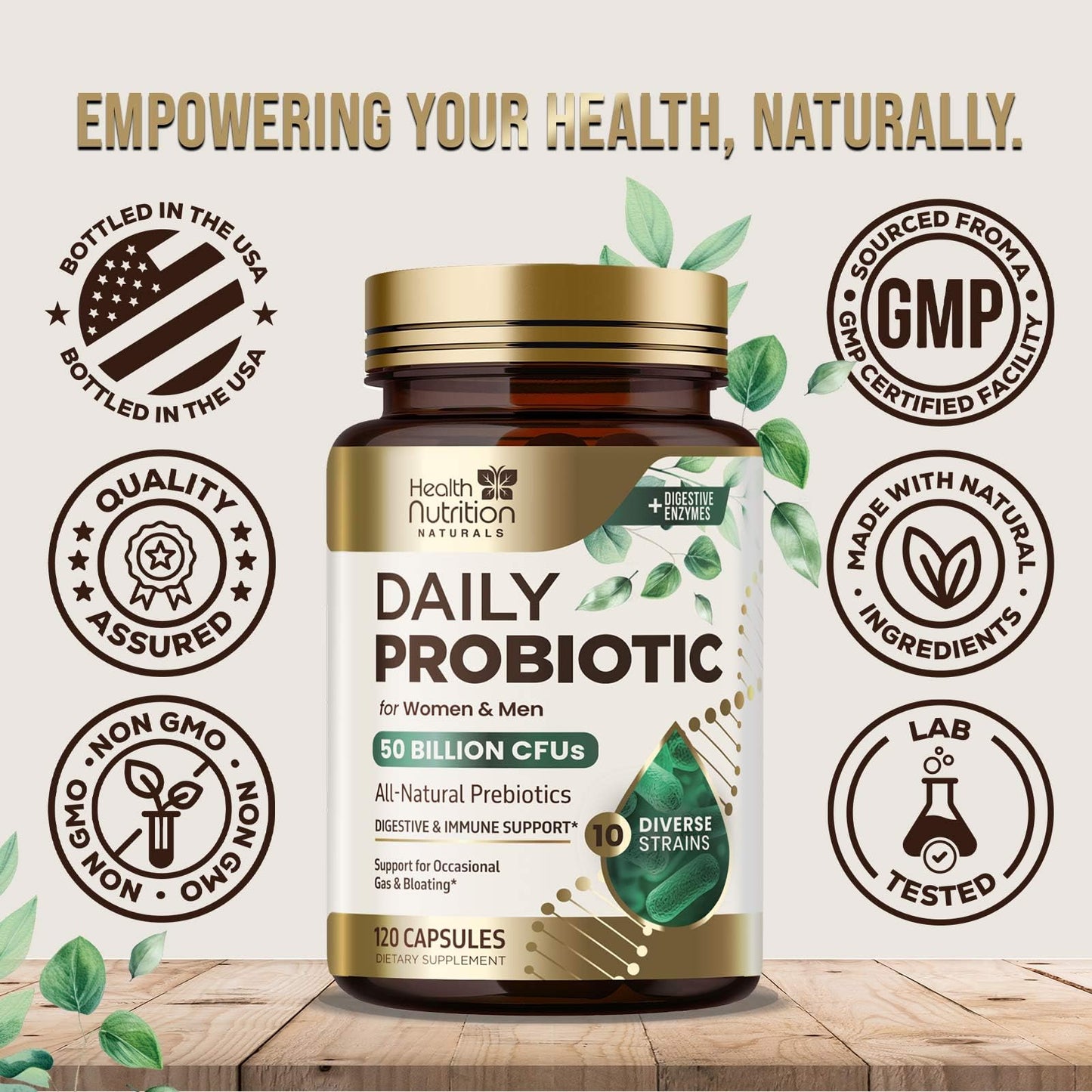 Health Nutrition Naturals Probiotics with 10 Strains + Prebiotics, 50 Billion CFU per Serving - Digestive Health & Immune Support, 120 Capsules