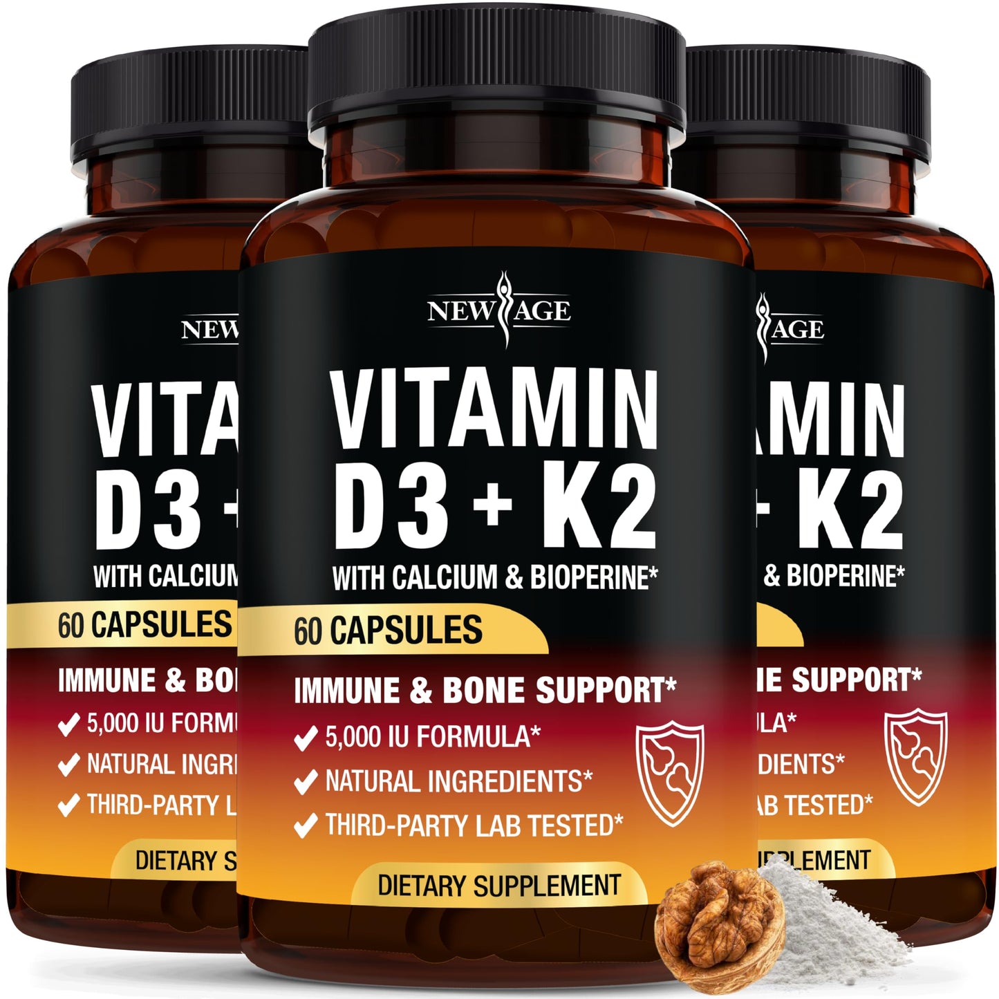 NEW AGE Vitamin D3 5,000 IU + K2 MK-7 100 mcg 2-in-1 Bone, Immune & Heart Support, 180 Capsules
