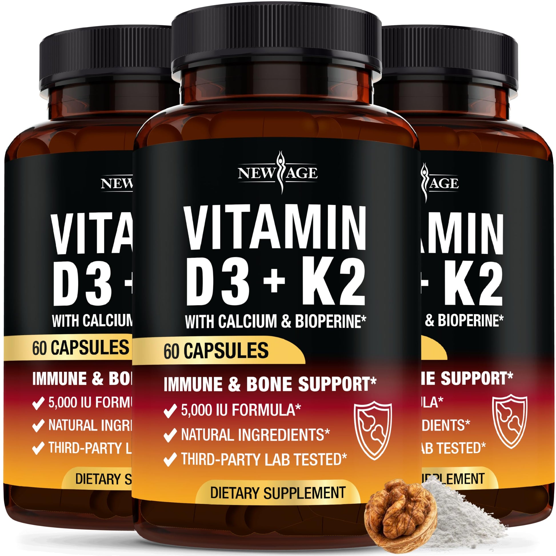 NEW AGE Vitamin D3 5,000 IU + K2 MK-7 100 mcg 2-in-1 Bone, Immune & Heart Support, 180 Capsules