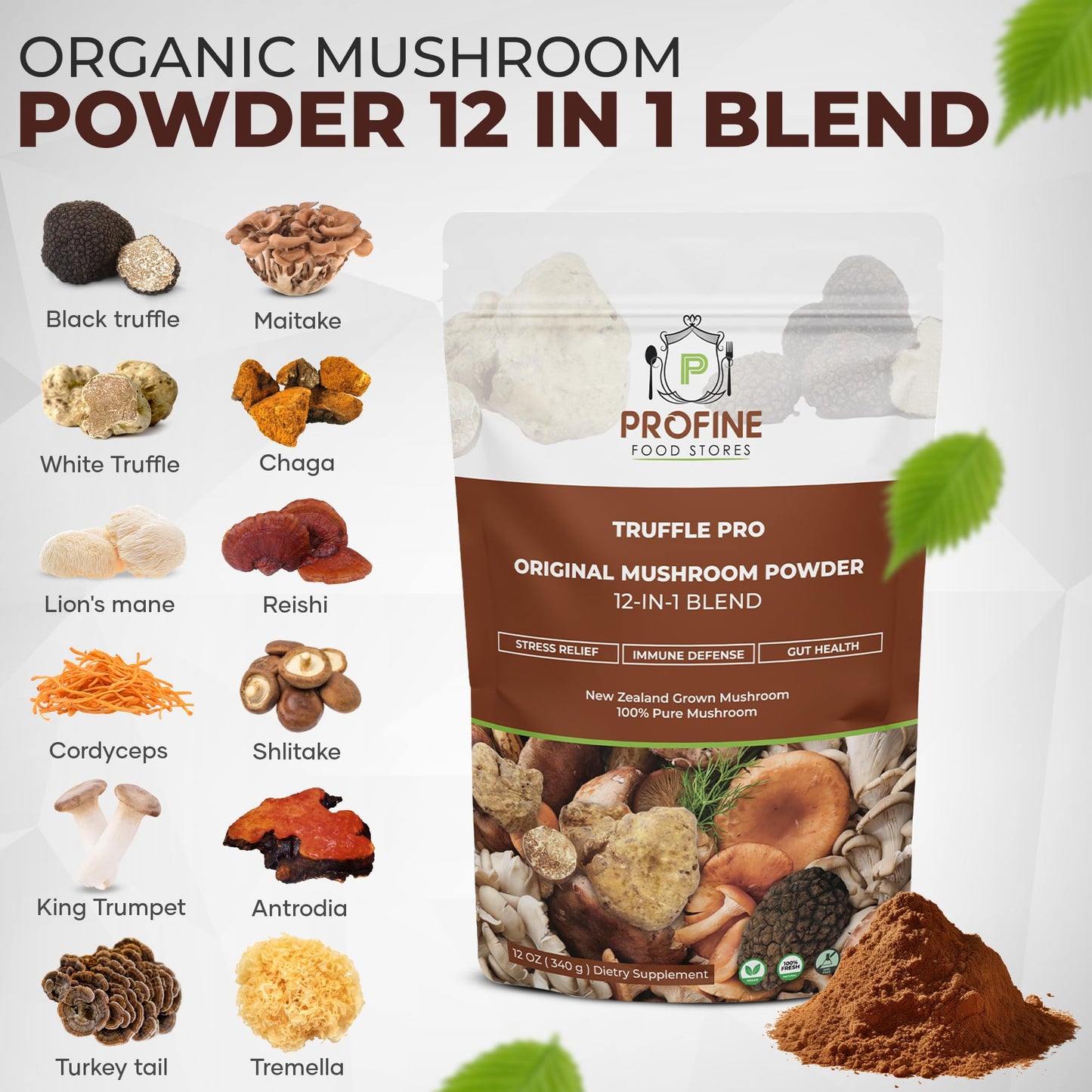 Profine Food Stores Truffle PRO Mushroom Powder 12-in-1 Super Blend with Black Truffle and White Truffle - USDA Organic - Powder, 12 oz