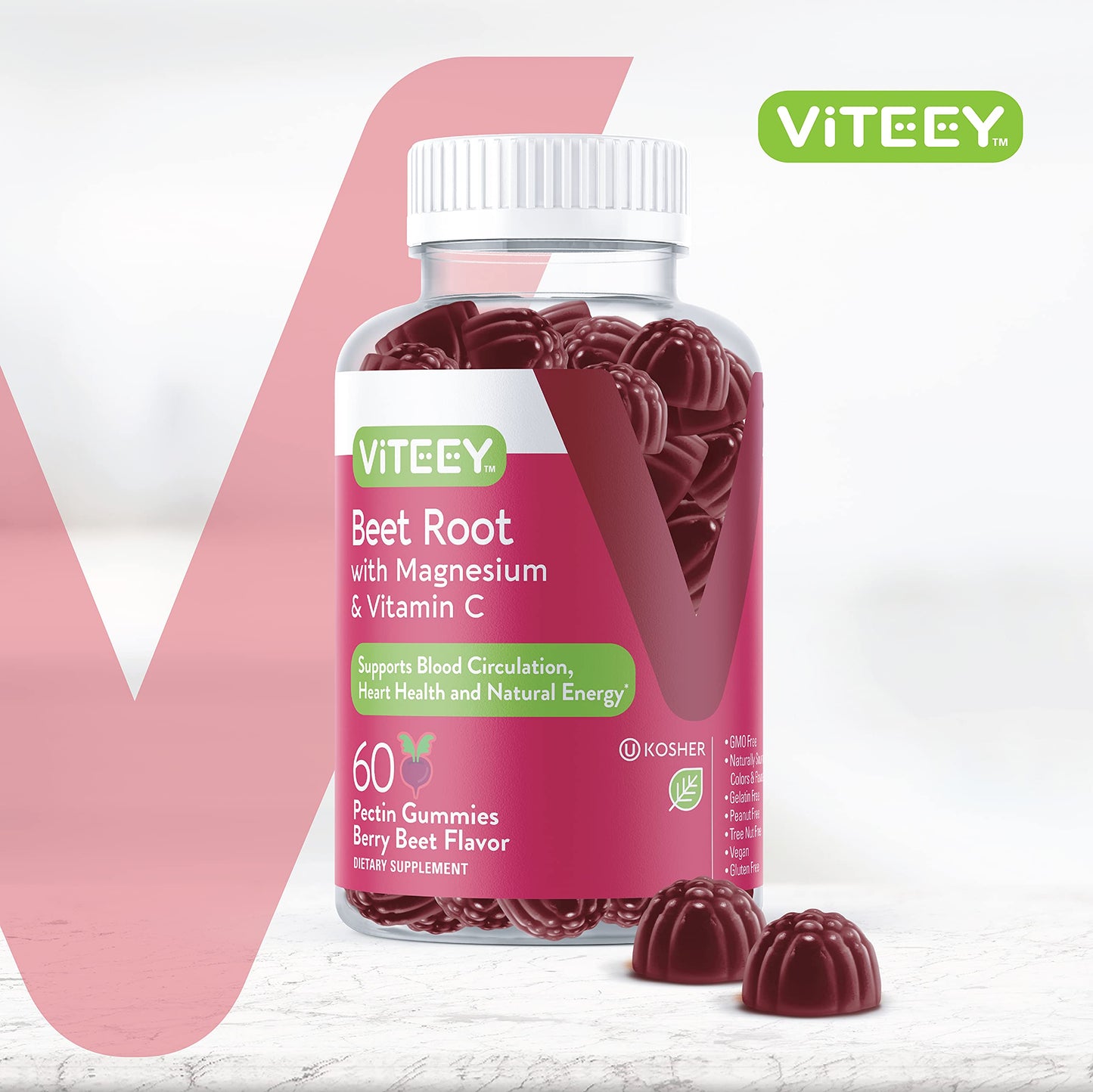 Viteey Beet Root Gummies with Magnesium & Vitamin C, 60 Gummies