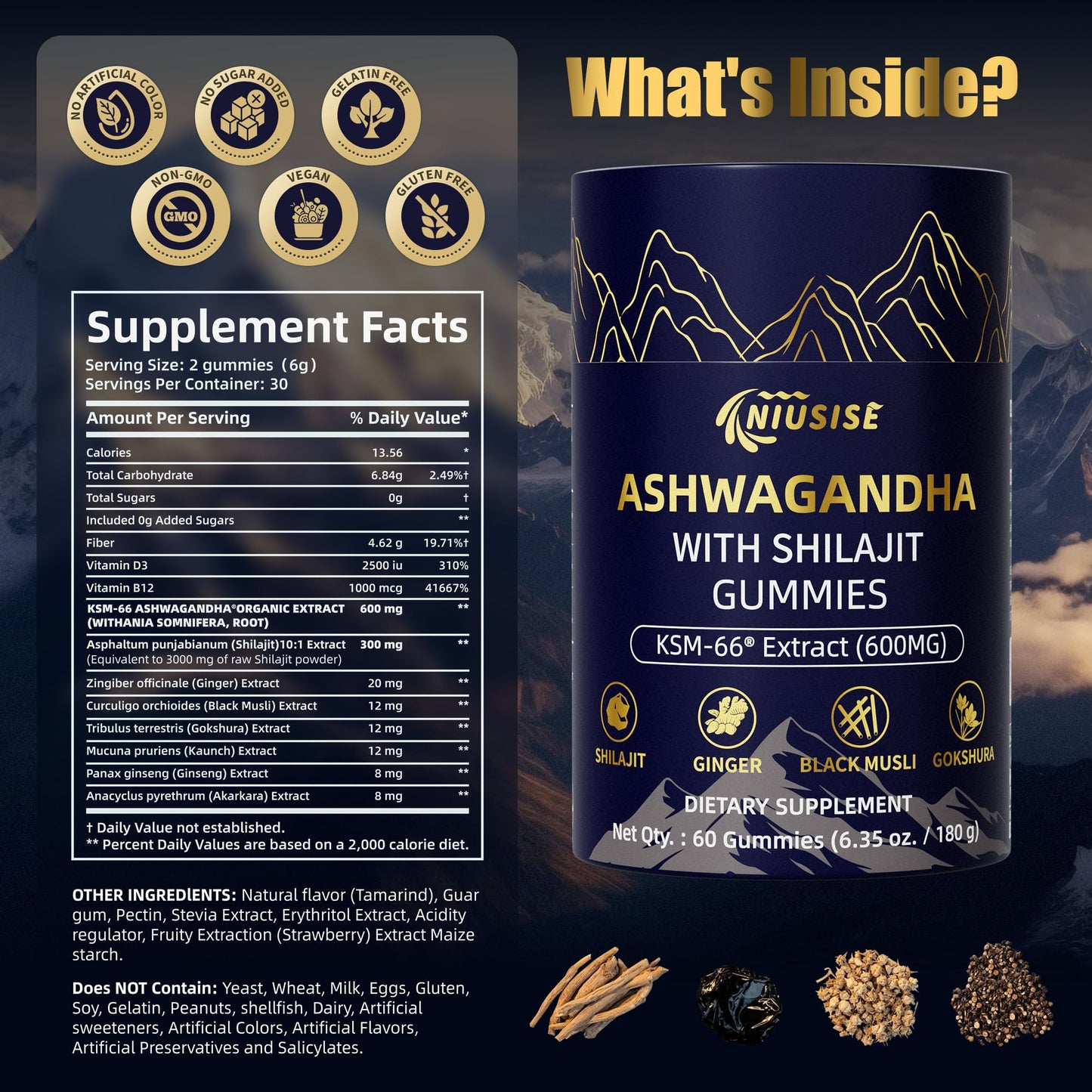 NIUSISE Ashwagandha with Shilajit 300mg Gummy 60 Count