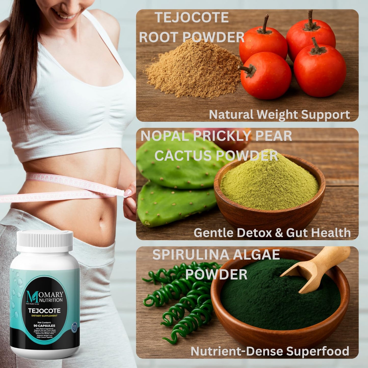 MOMARY NUTRITION Tejocote Root with Spirulina Algae and Nopal Prickly Pear Cactus Detox & Weight Management, 90 Capsules