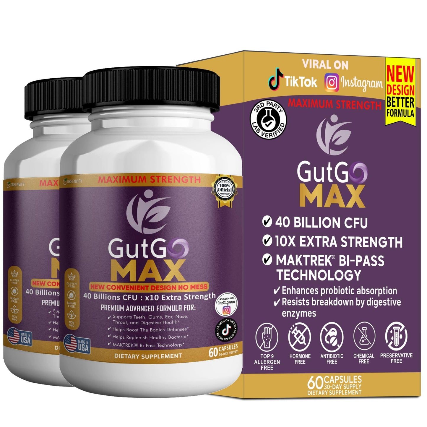 GREENVIFY GutGo Max Probiotic Supplement Capsule, 60 Capsules, 40 Billion CFU, Maximum Strength, Gluten Free, Sugar Free