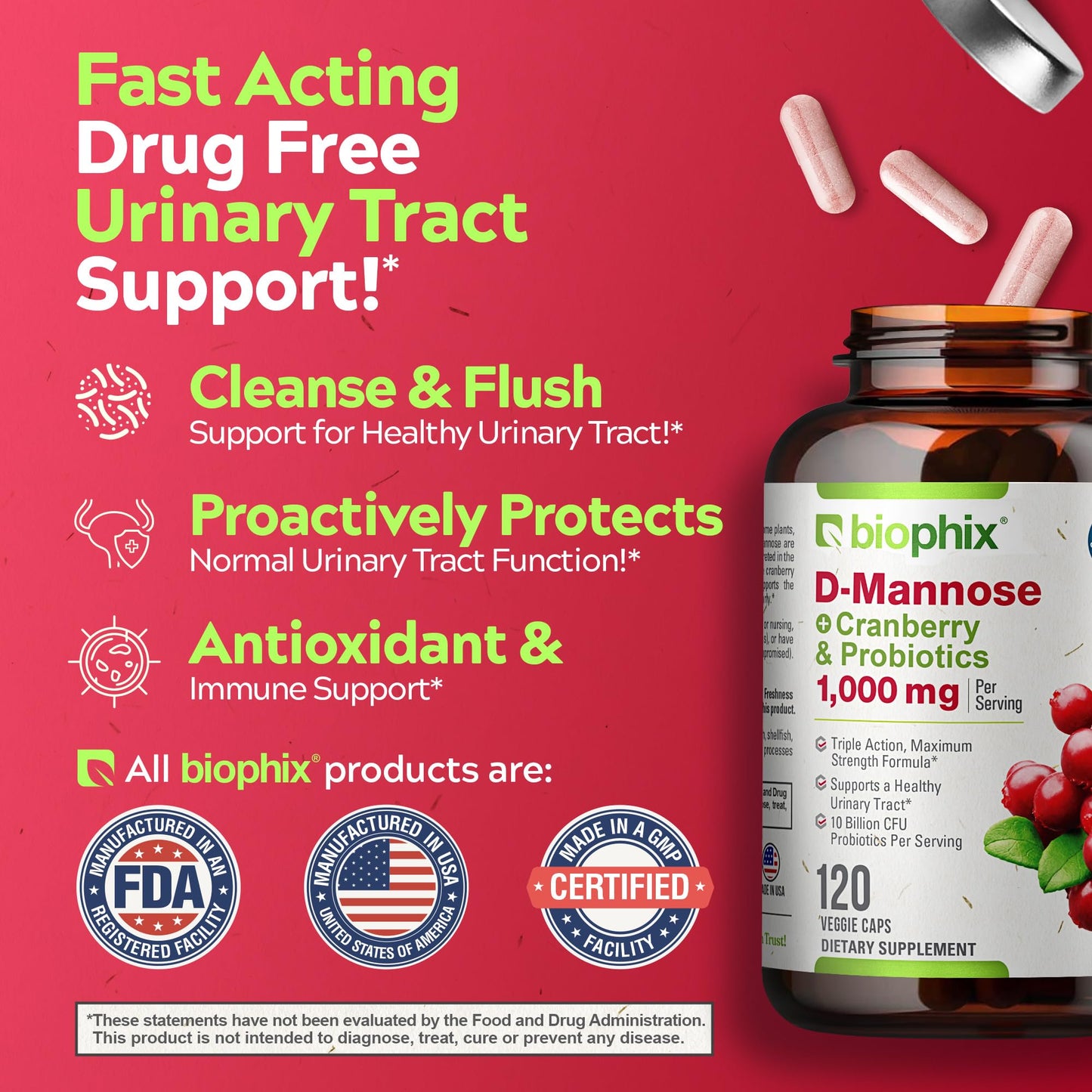 biophix D-Mannose 1000mg Capsules with Cranberry & Probiotics - D Mannose Supplements for Women - Urinary Tract & Bladder Health Support - Digestive Well-Being - 240 Capsules