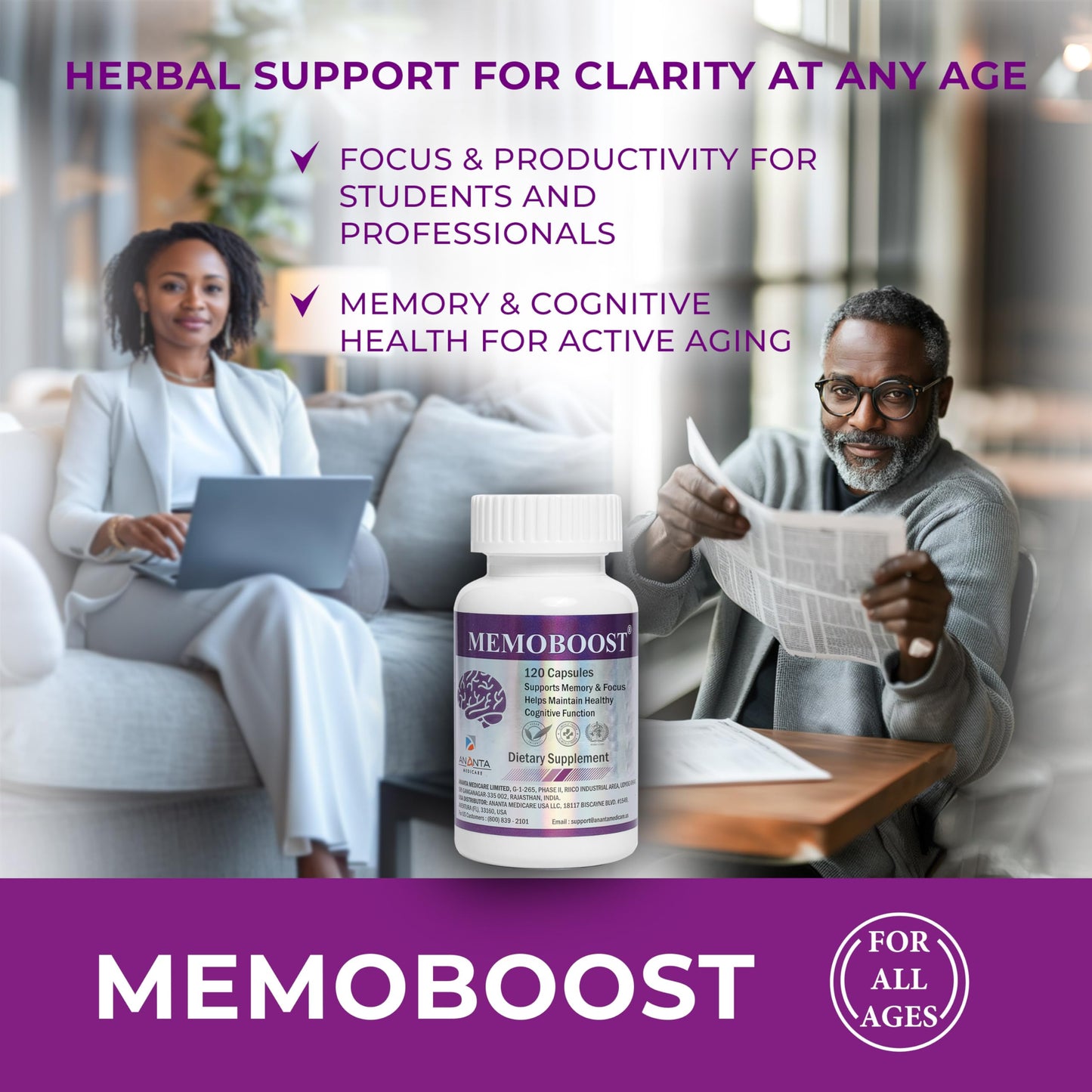 Ananta Medicare USA MemoBoost Memory Supplement - Natural Brain & Clarity Tablet, 1 Count