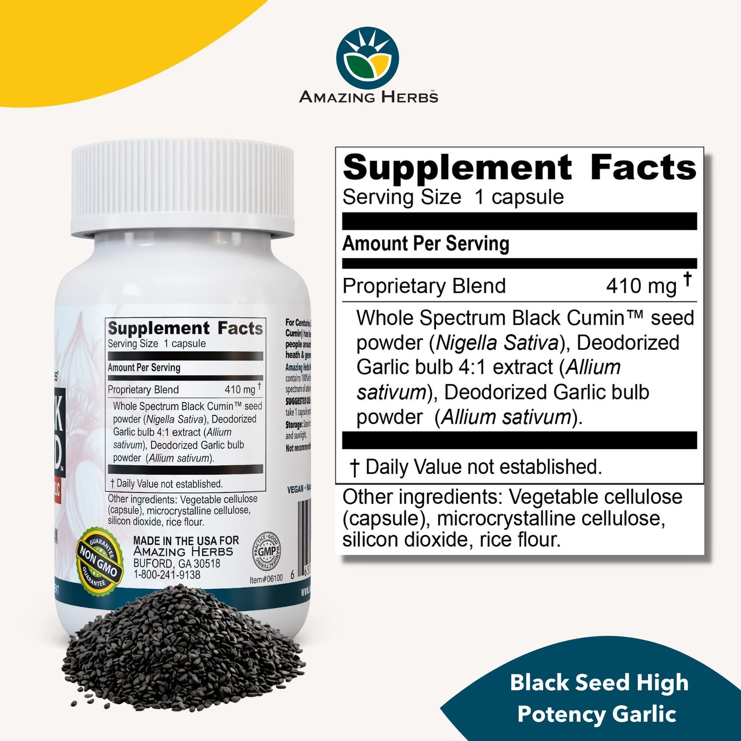 Amazing Herbs Whole Spectrum Black Seed & High Potency Garlic Capsules 100 Count