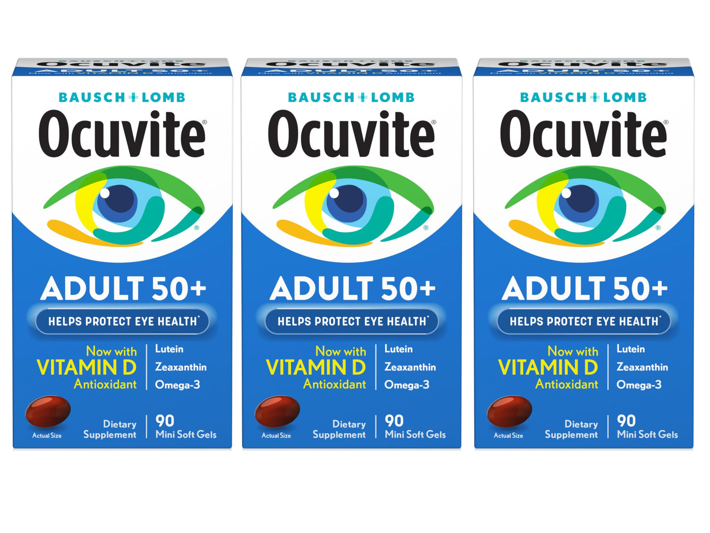 Bausch + Lomb Ocuvite Adult 50+ Eye Vitamins and Mineral Supplements with Lutein, Zeaxanthin and Omega-3 90 Softgels