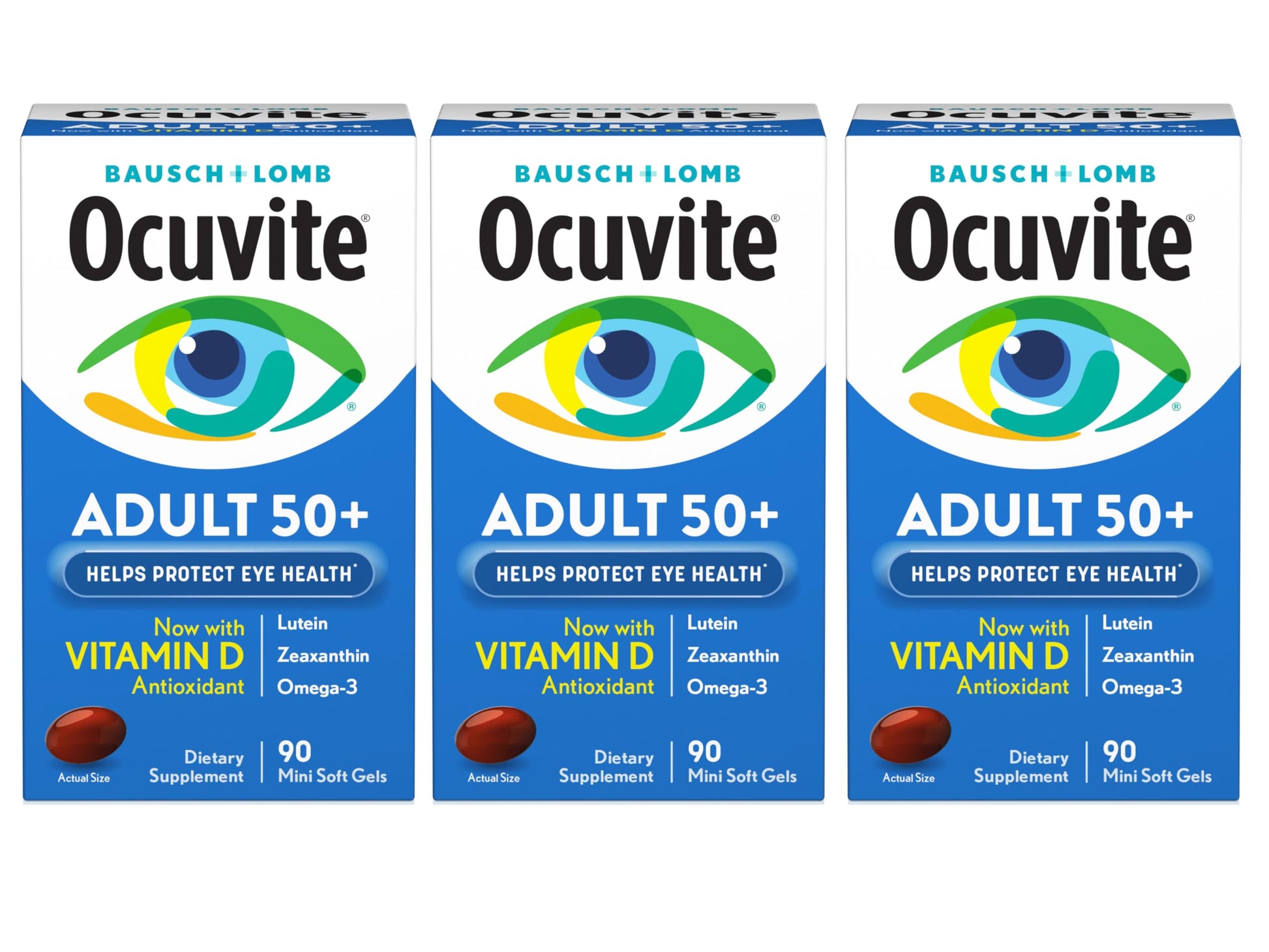 Bausch + Lomb Ocuvite Adult 50+ Eye Vitamins and Mineral Supplements with Lutein, Zeaxanthin and Omega-3 90 Softgels