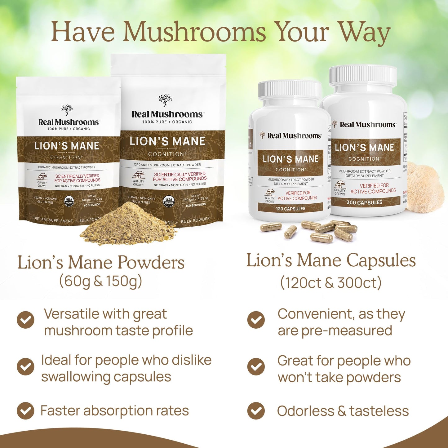 Real Mushrooms Lions Mane and Cordyceps Mushroom Extract Powder 2-Pack