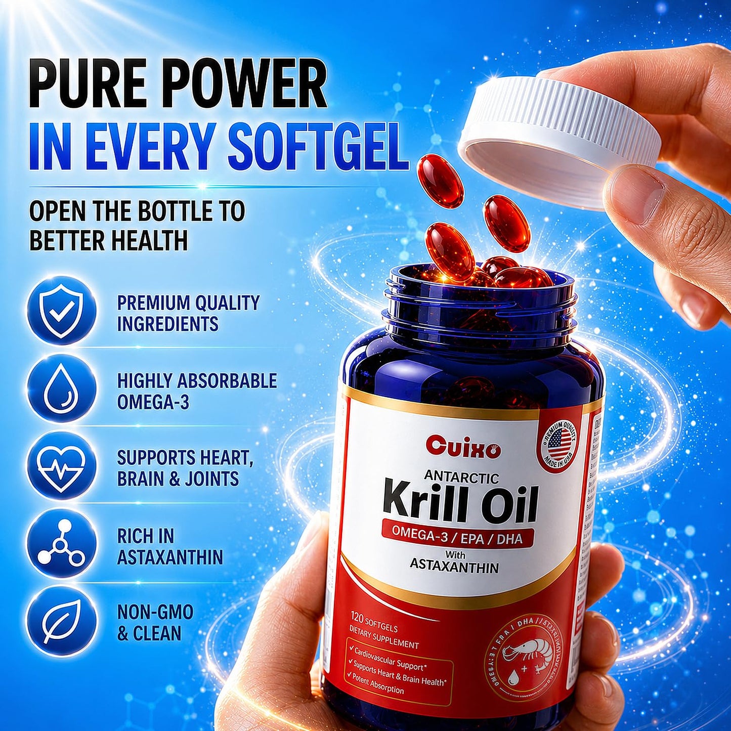 CUIXO Antarctic Krill Oil 1000 mg Omega 3 EPA DHA High Absorption 120 Softgels