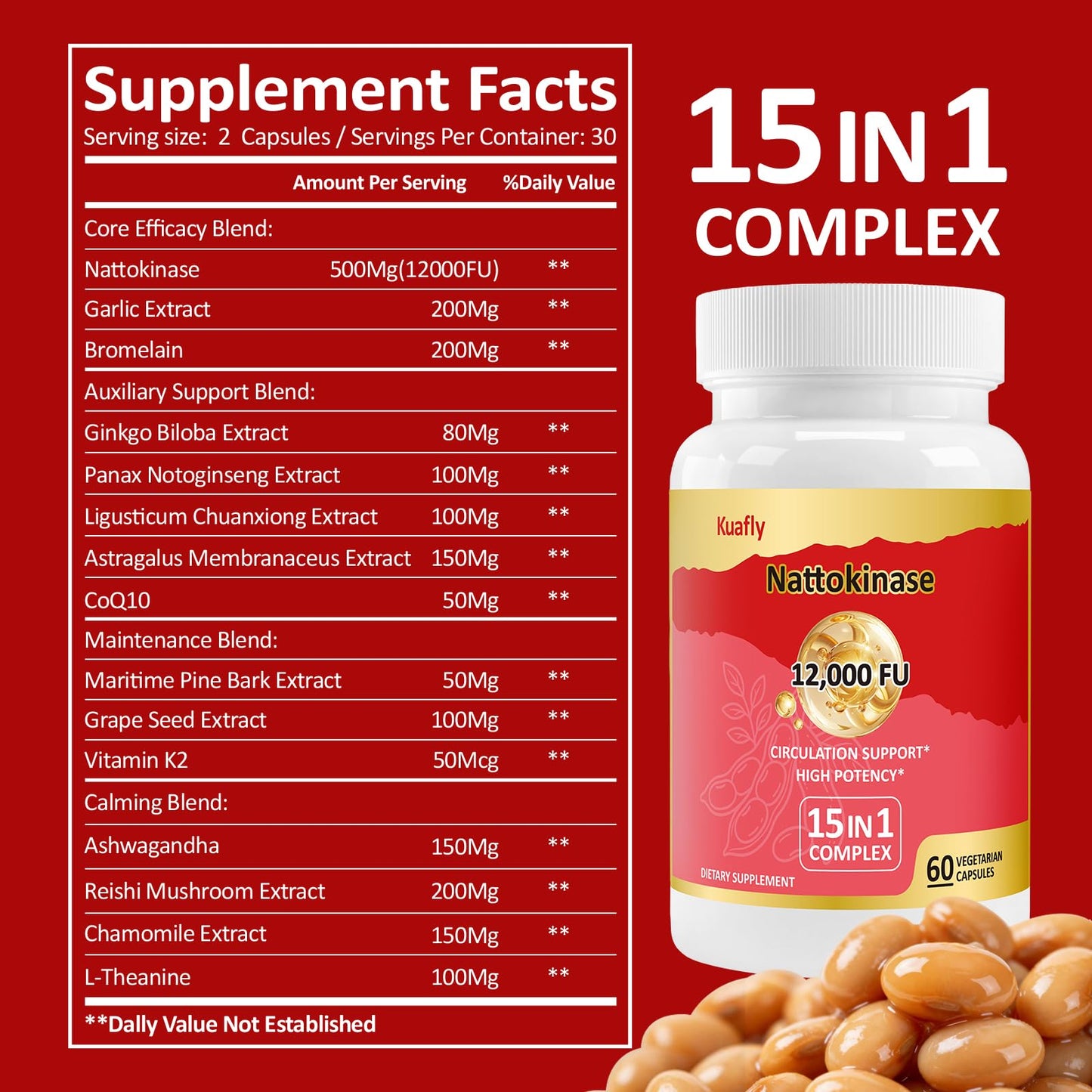 KUAFLY Nattokinase Supplement 12000 FU 15 in 1, 120 Capsules