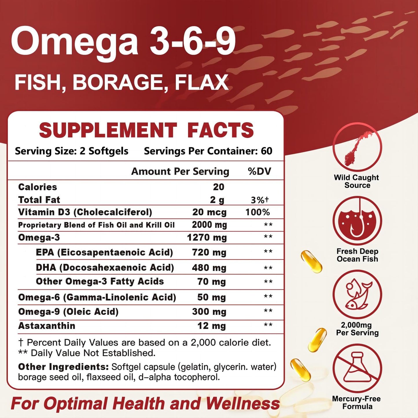 ZEBORA Triple Omega 3-6-9 Fish Oil 2000mg with Vitamin D3 & Astaxanthin Softgels, 120 Count