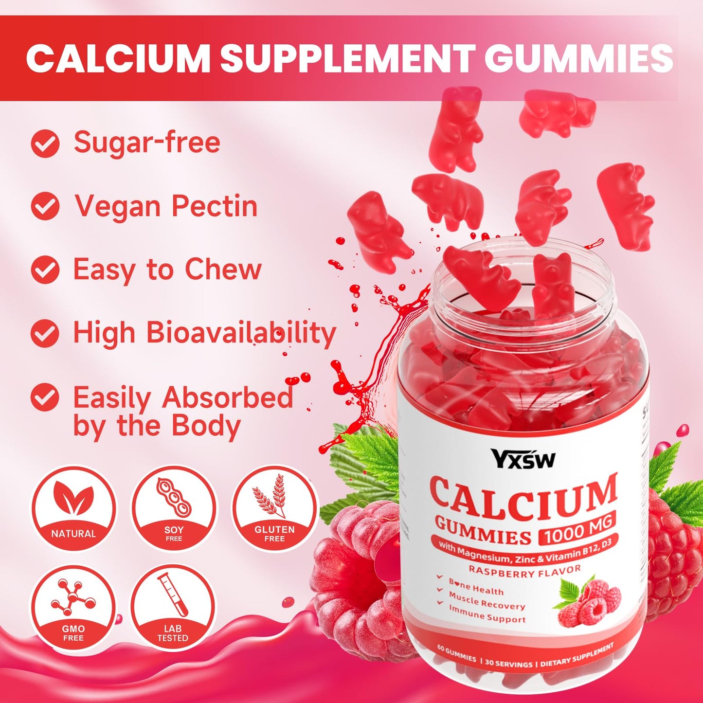 YXSW Calcium Gummies 1000mg with Vitamin D3 K2 & B12 Complex, Gummies, 60 Count