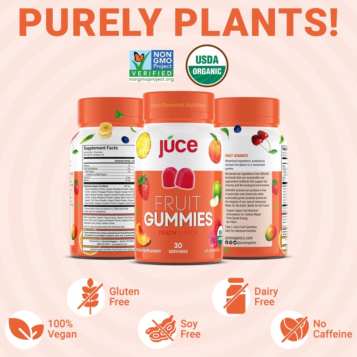 Terra Kai Organics Juce Fruit Gummies with Peach Flavor Gummies 60 Count