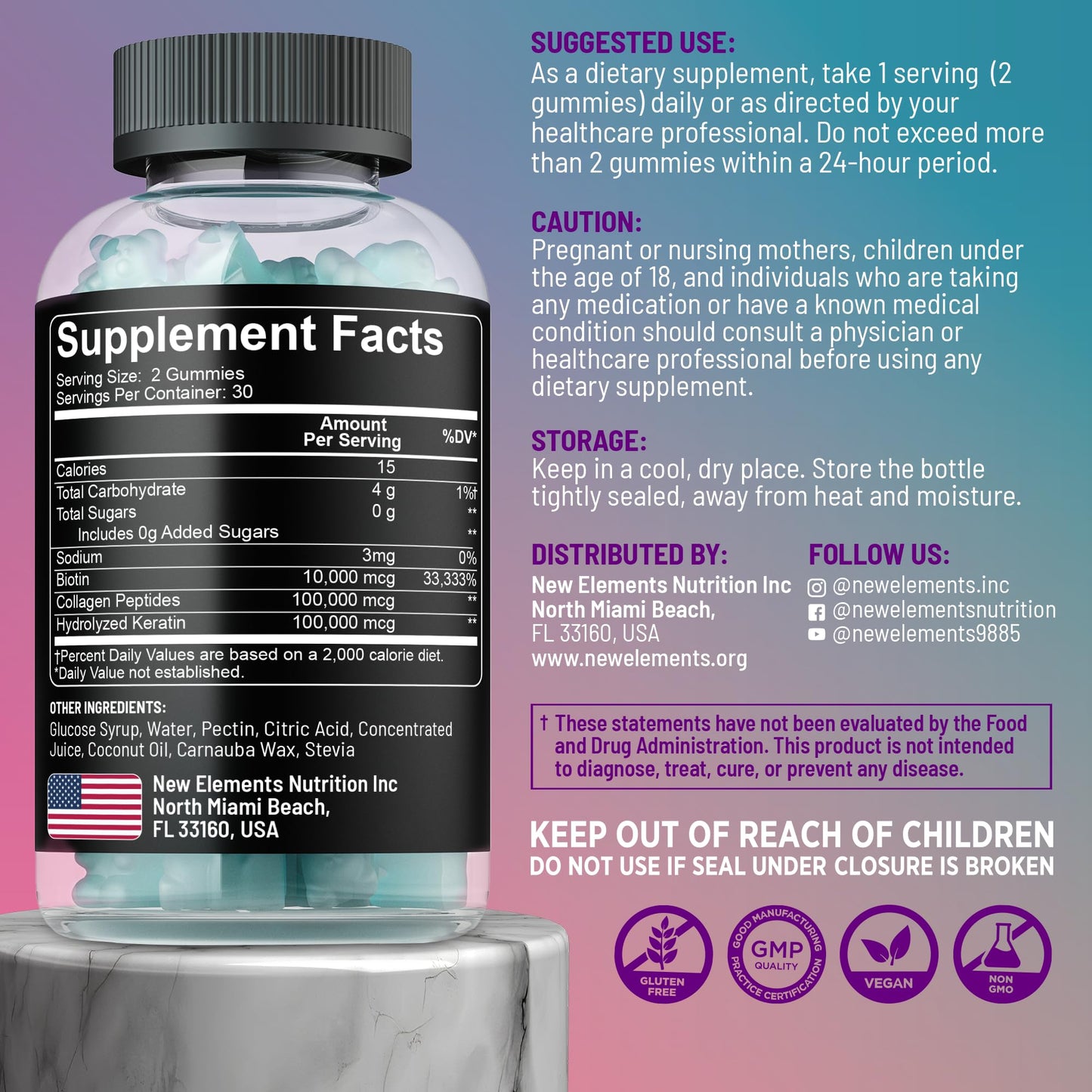 New Elements Biotin Gummies with Keratin & Collagen Peptides, Gummy, 60 Count