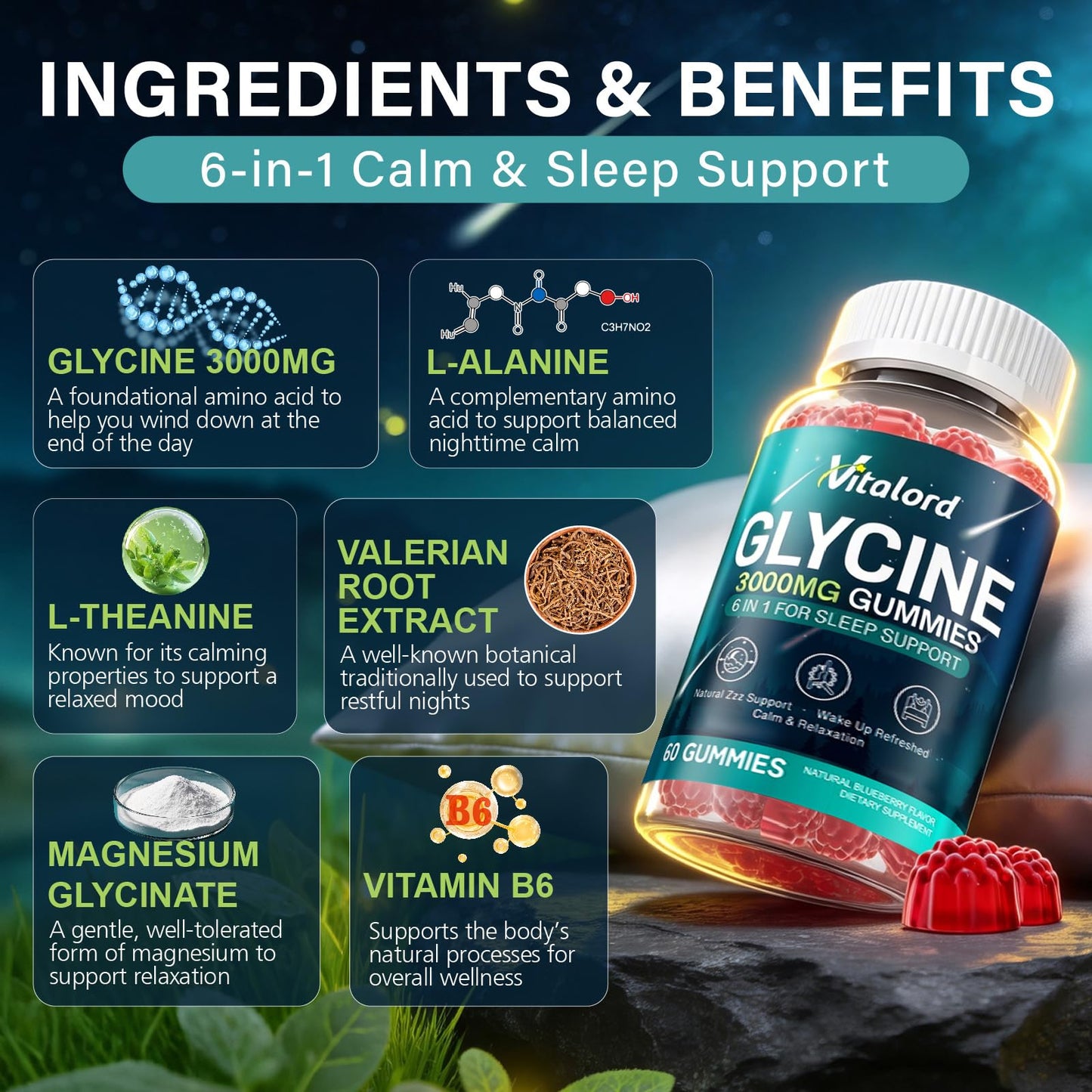 Vitalord Glycine Gummies Sugar Free, 60 Gummies