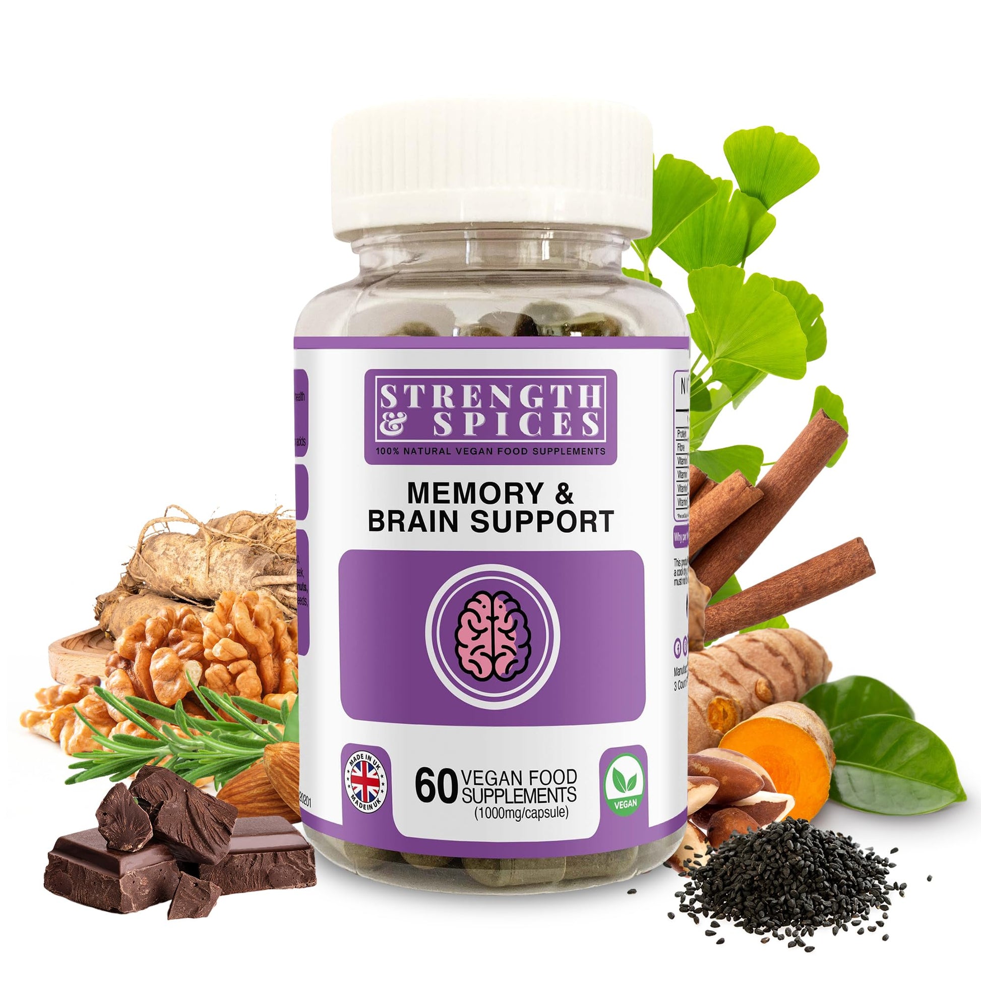 STRENGTH & SPICES Memory Booster and Focus Supplement with Ginkgo Biloba and 22 Super Ingredients, 60 Capsules