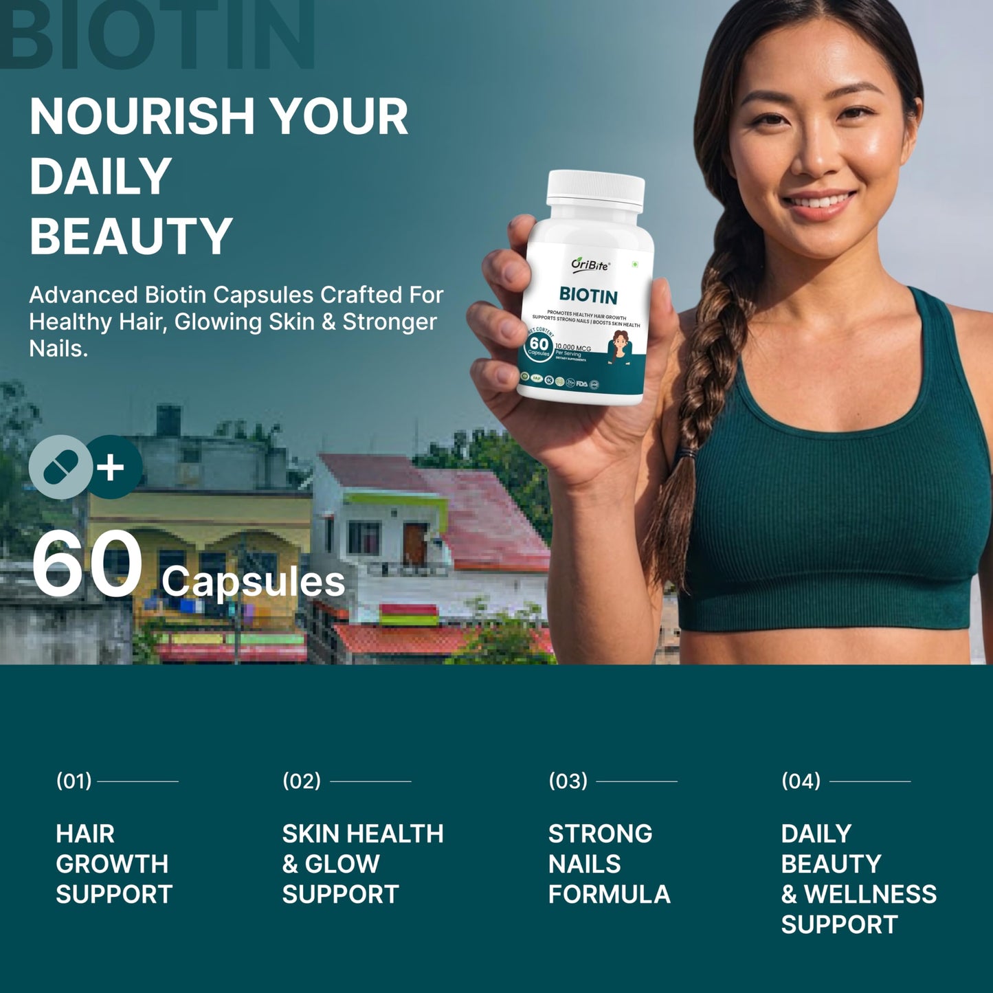 ORIBITE Biotin 10,000 mcg with Zinc & Vitamin C – Hair, Skin & Nail Support – Vegetarian, Non-GMO & Gluten-Free Supplement – 60 Capsules