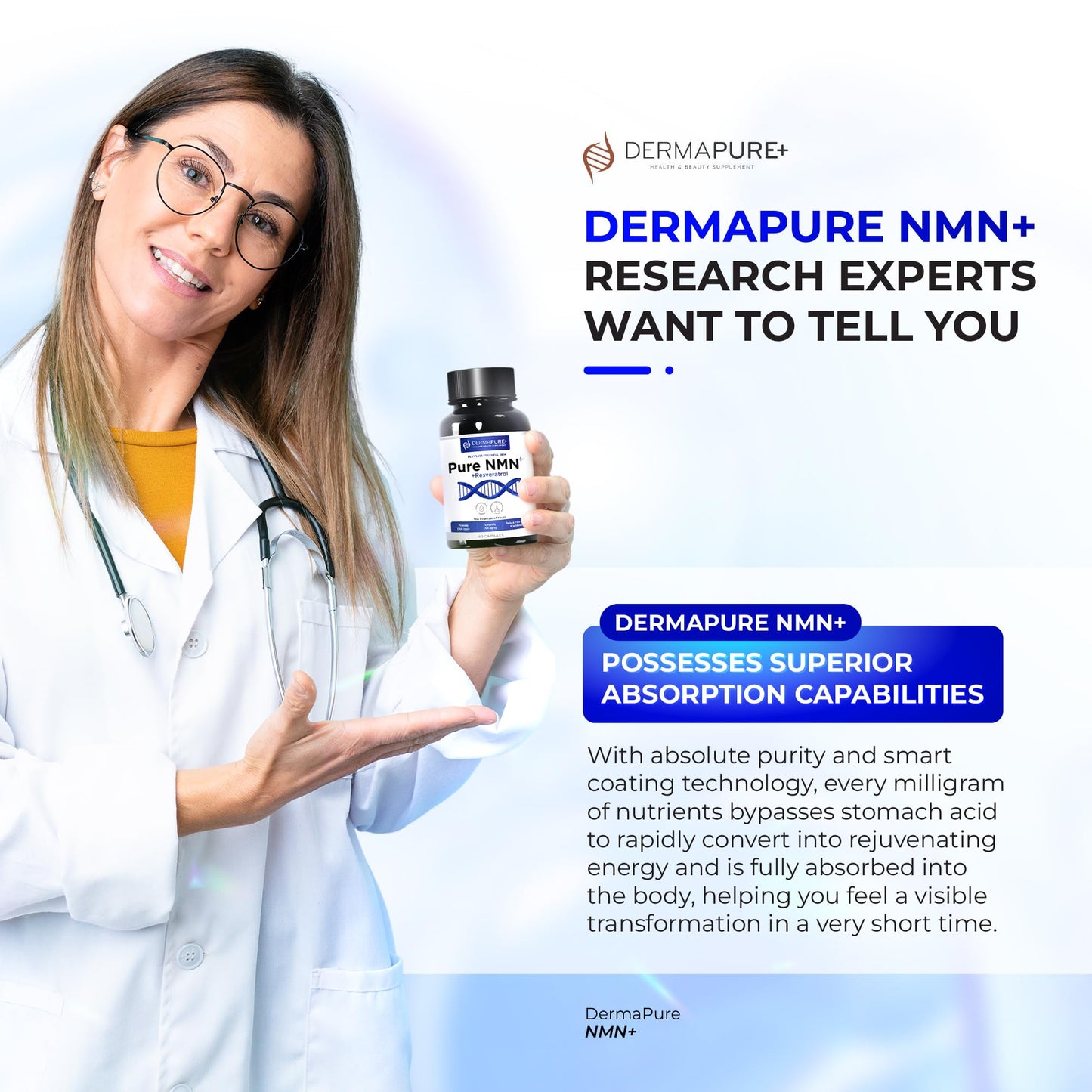 HVSun DermaPure+ NMN Supplement 4-in-1 for Youthful Skin and Longevity, Supports NAD+ Levels, 120 Capsules