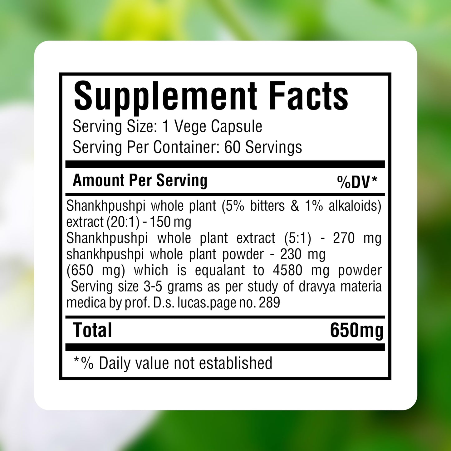 Herbsforever Shankhpushpi (Convolvulus pluricaulis) Extra Strength (20:1) Extract, Equiv. to 4580mg Plant Powder per Serving, Brain Tonic & Cognitive Focus, 60 Veg Capsules