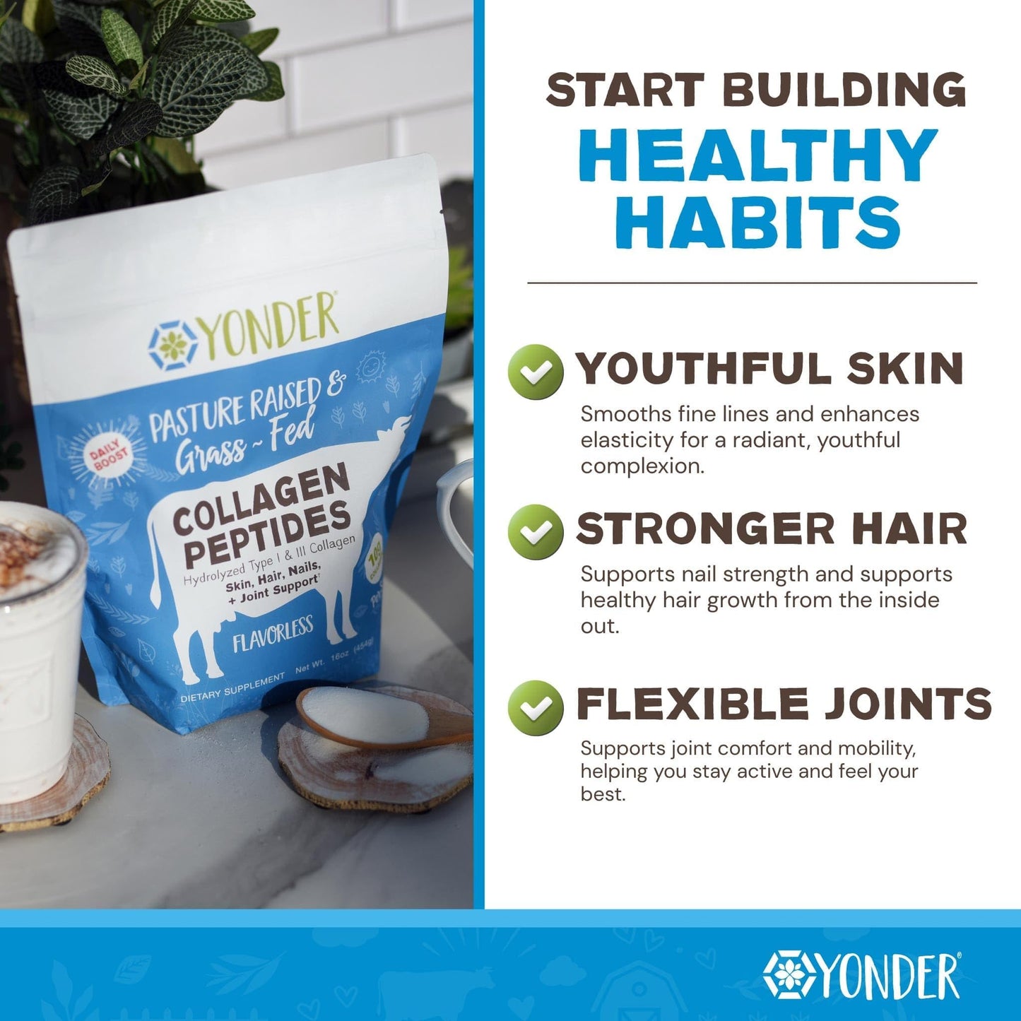 Yonder Grass-Fed Pasture-Raised Bovine Collagen Peptides Powder, Unflavored, 16 oz