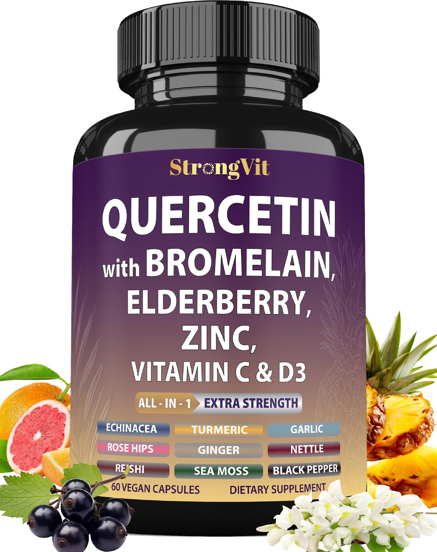 StrongVit Quercetin with Bromelain, Elderberry, Vitamin C, D3 and Zinc 60 Capsules