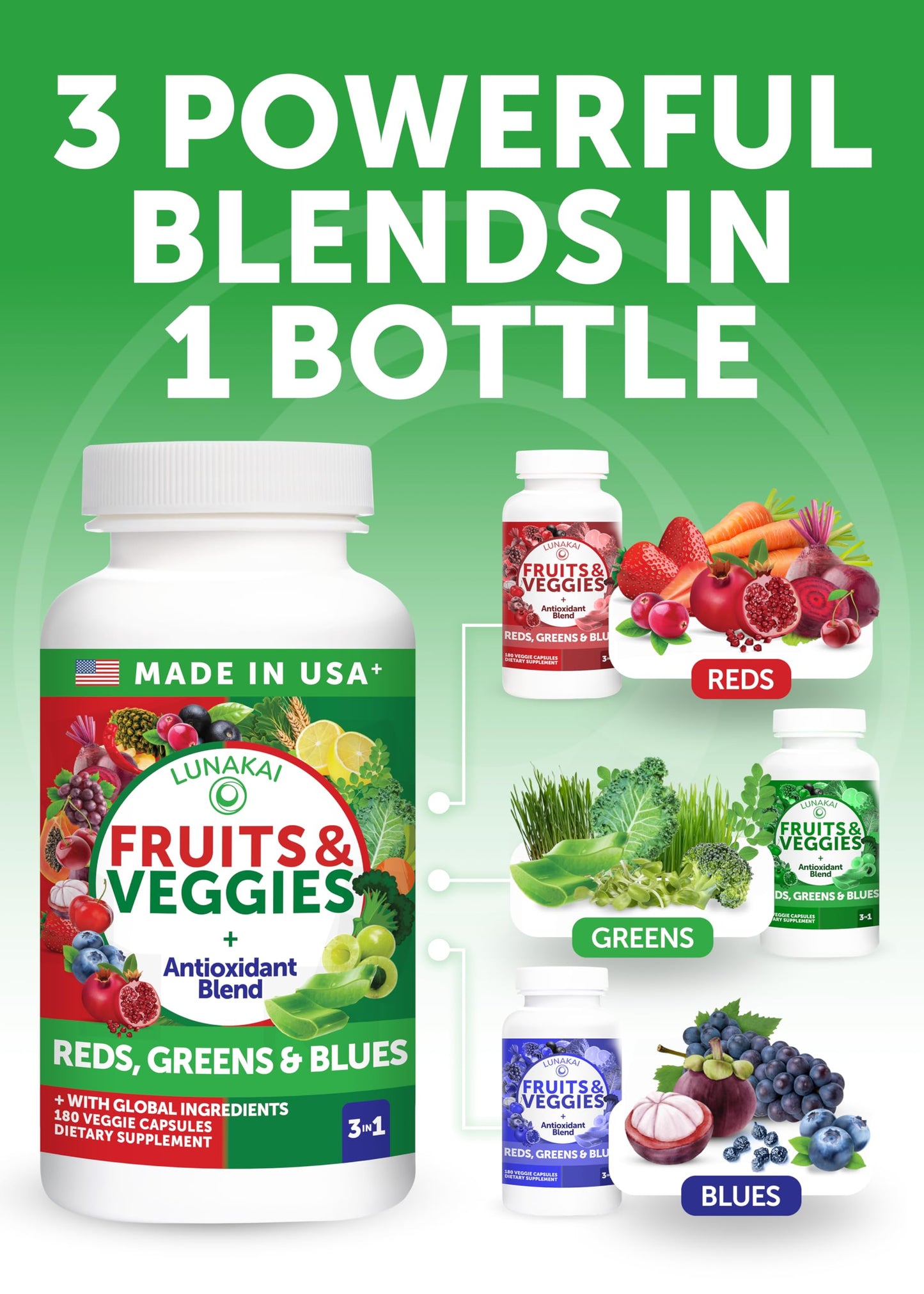 Lunakai USA Made Fruits & Veggies Supplement with 4 Superfood Blends 180 Capsules