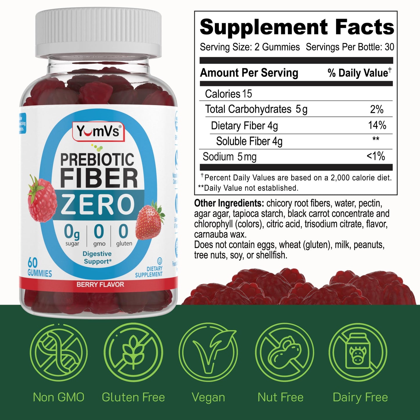 YUM-V'S Sugar Free Prebiotic Fiber Gummies for Adults and Kids Berry Flavor, 120 Gummies