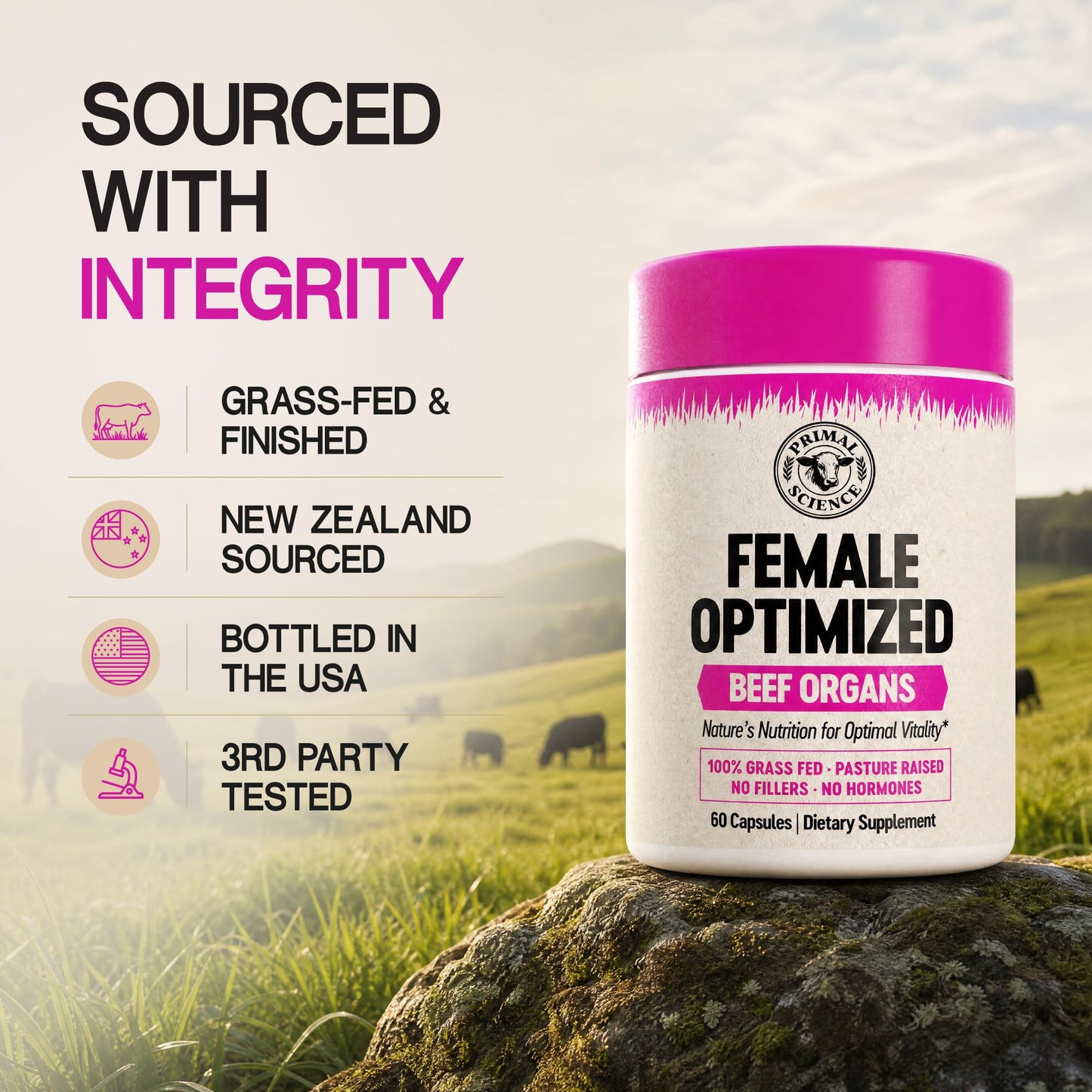 Primal Science Female Optimized Beef Organs - Grass Fed Beef Liver, Heart, Kidney, Uterus & Ovary Supplement for Women - Pasture Raised in New Zealand, Freeze Dried, No Fillers - 60 Capsules